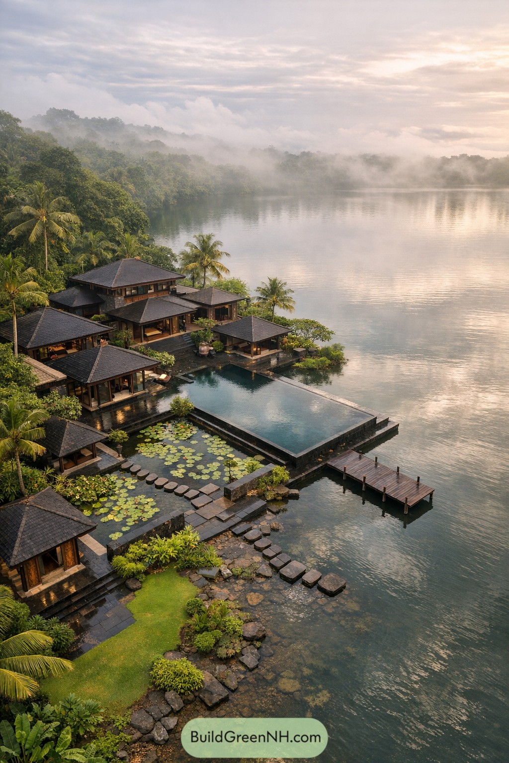 Tropical lakeside mansion with pavilion roofs infinity pool and dock