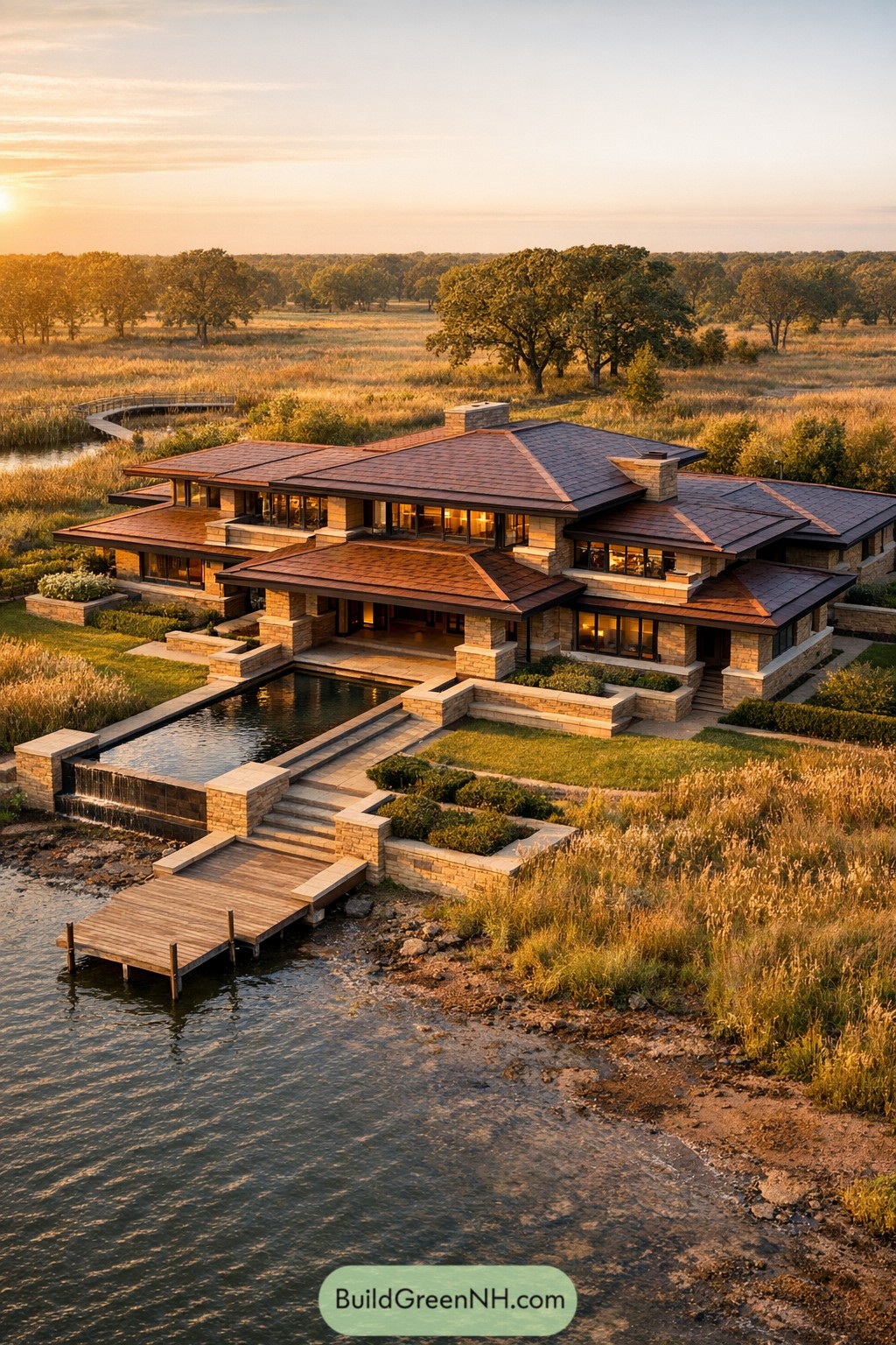 Stone lakeside mansion with copper roof and dock