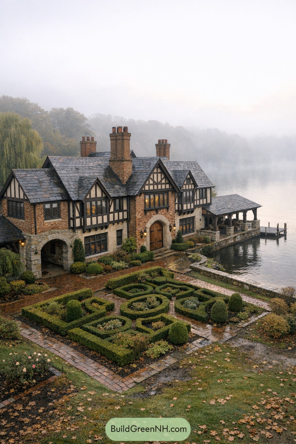 Tudor lakeside mansion with formal garden