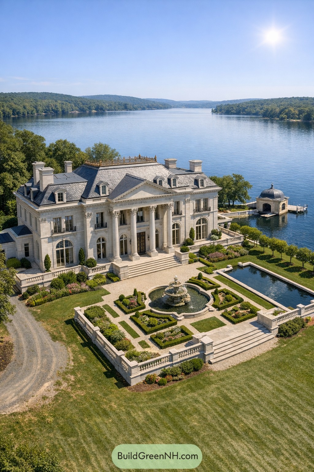 Neoclassical lakeside mansion with gardens and boathouse