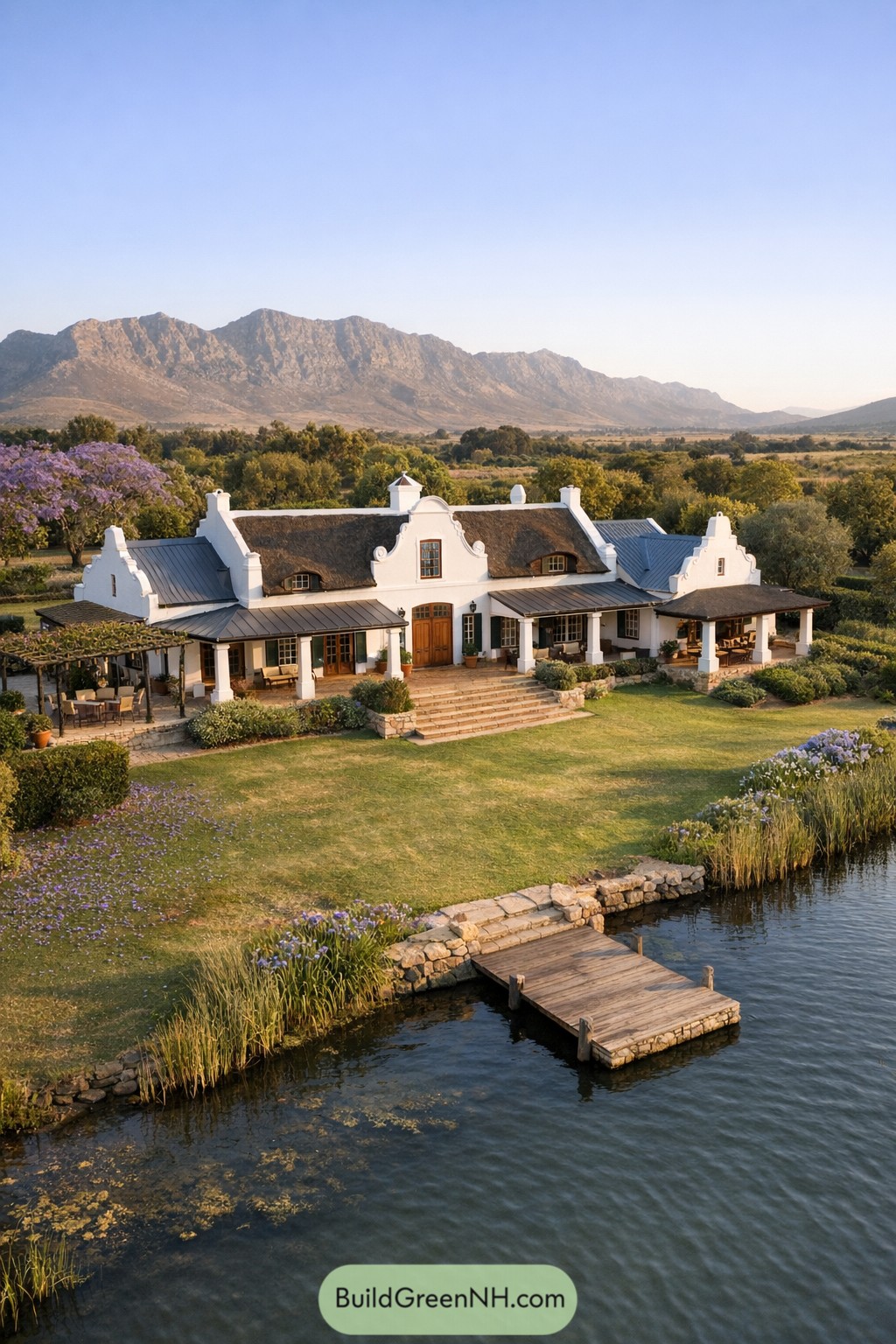 White gabled lakeside mansion with thatched roof