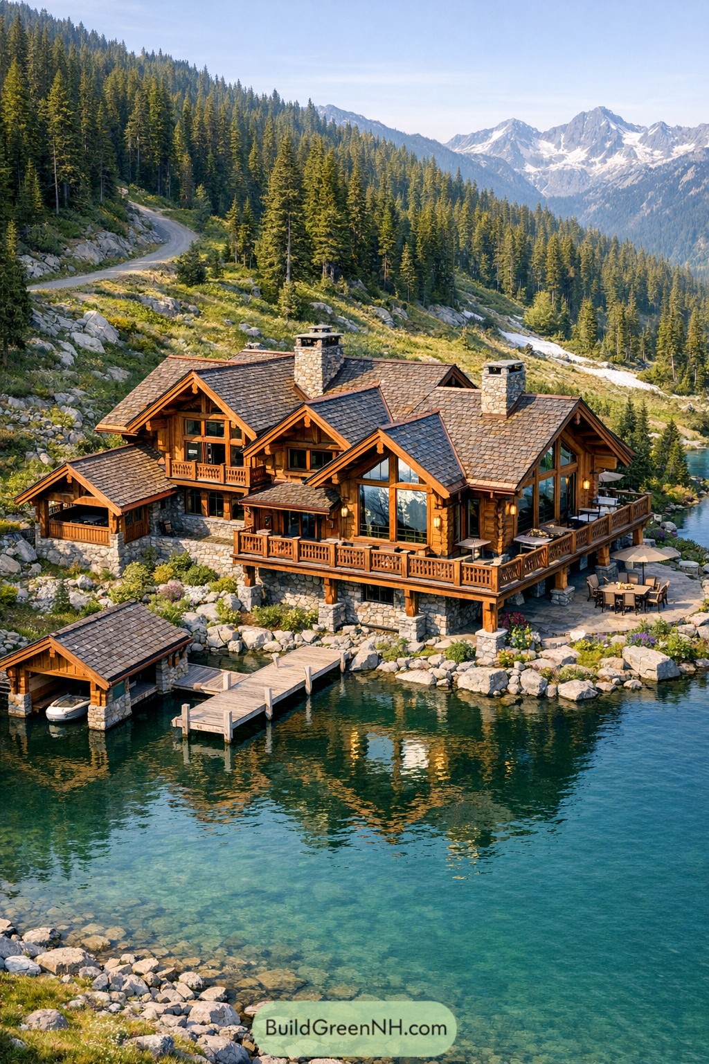 Alpine timber lodge on a clear mountain lake