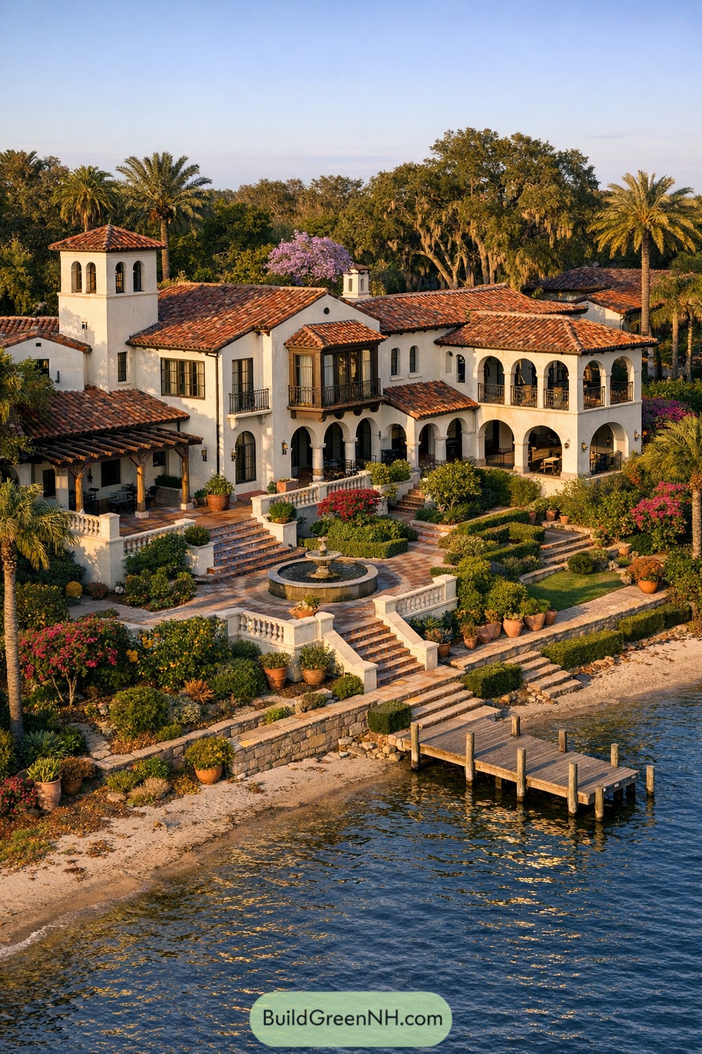Mediterranean lakeside villa with arches and dock