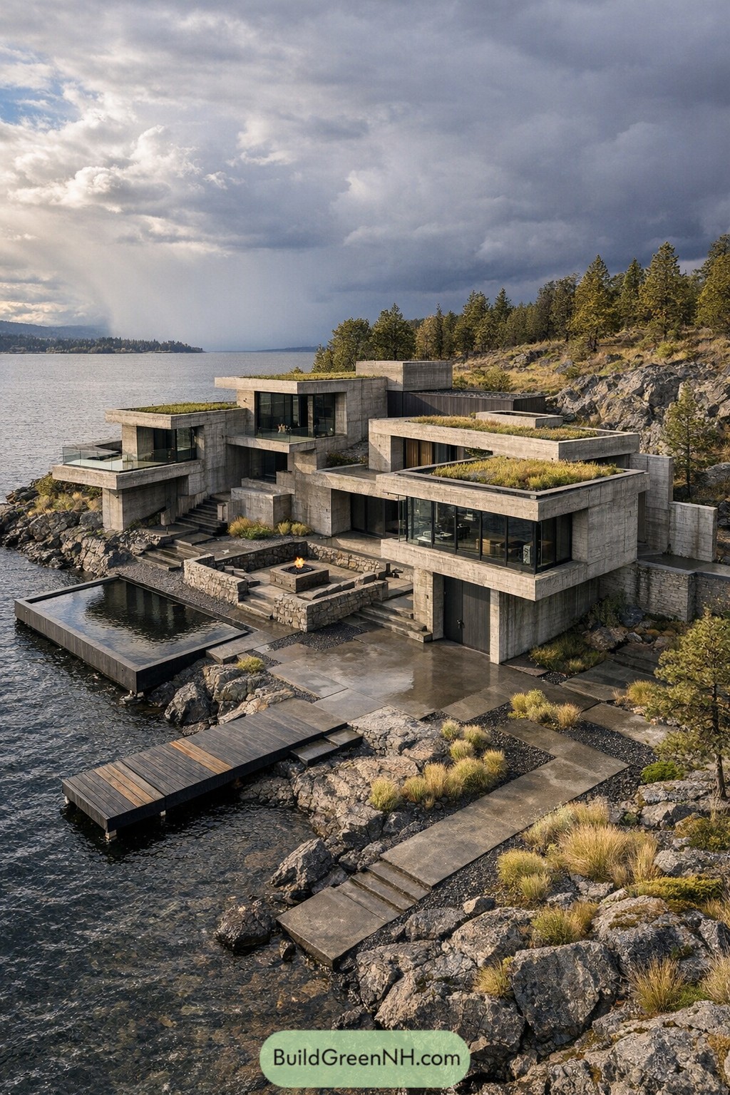 Concrete lakeside mansion with green roofs
