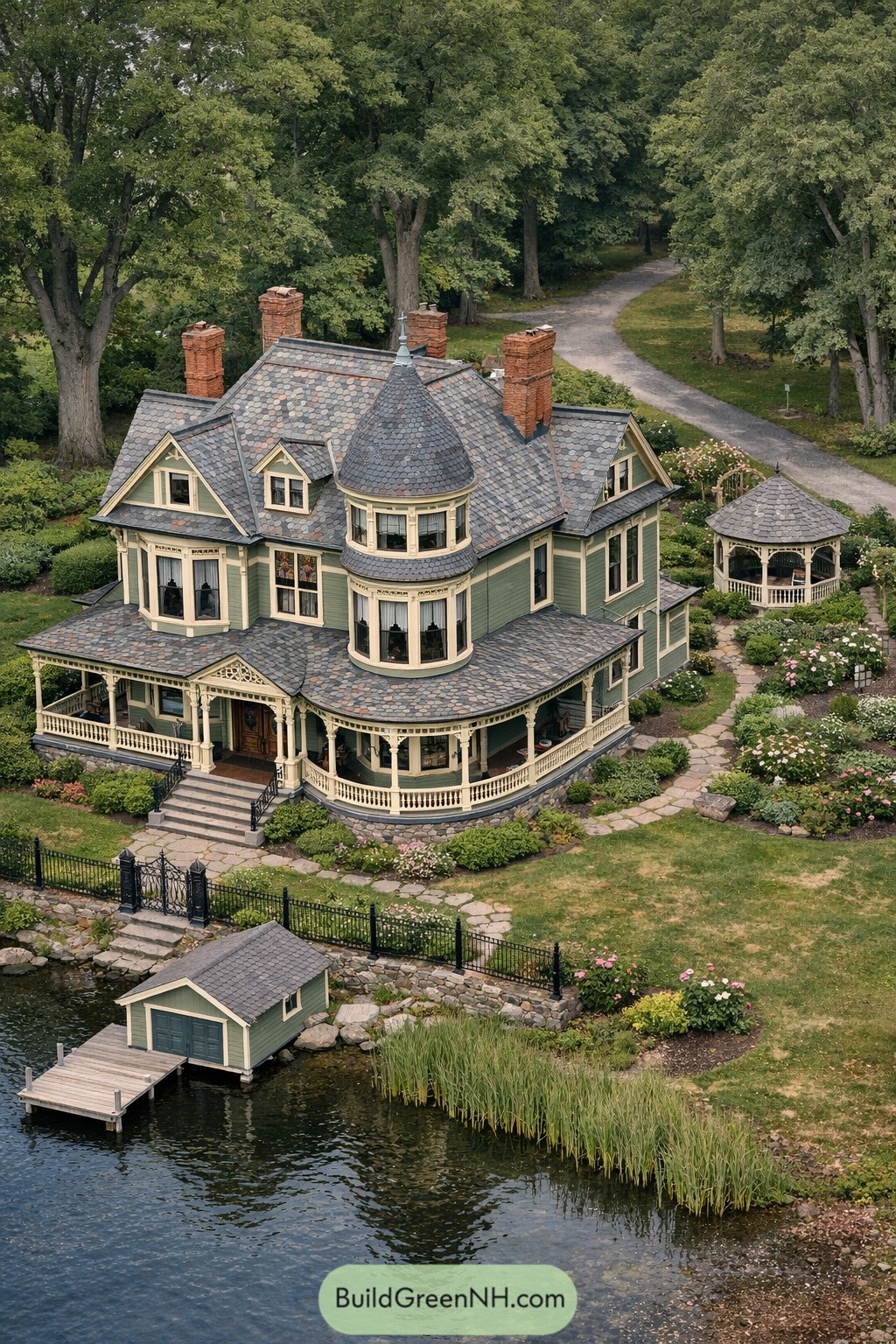 Sage Victorian lakeside mansion with turret porch and boathouse