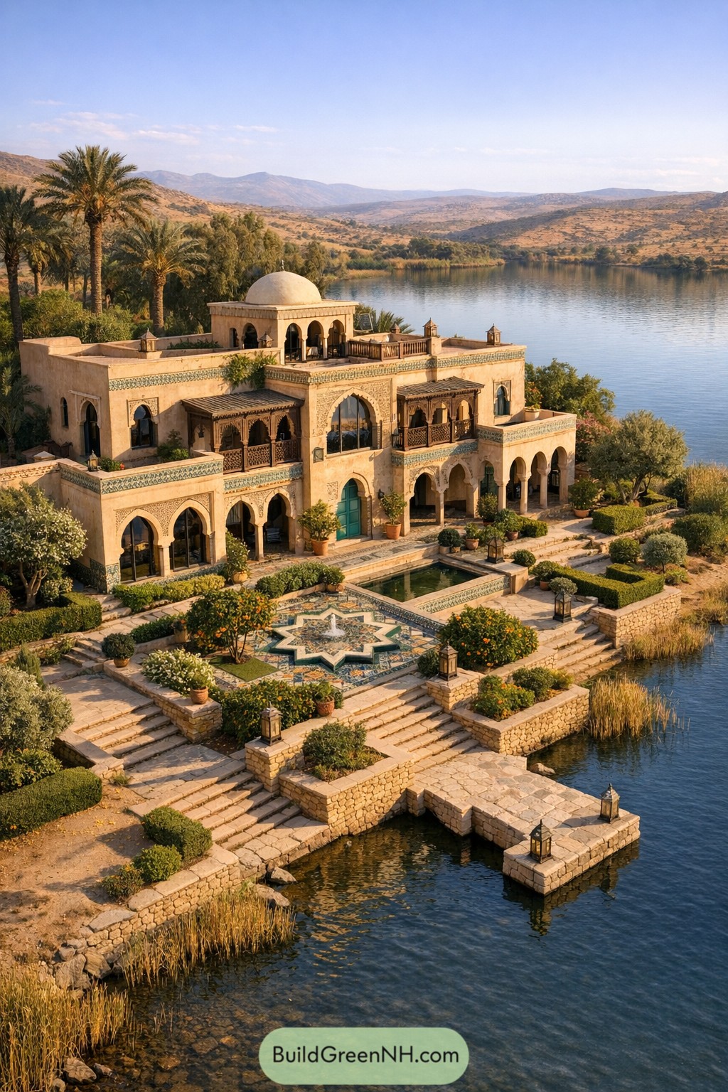 Moorish lakeside mansion with arched terraces