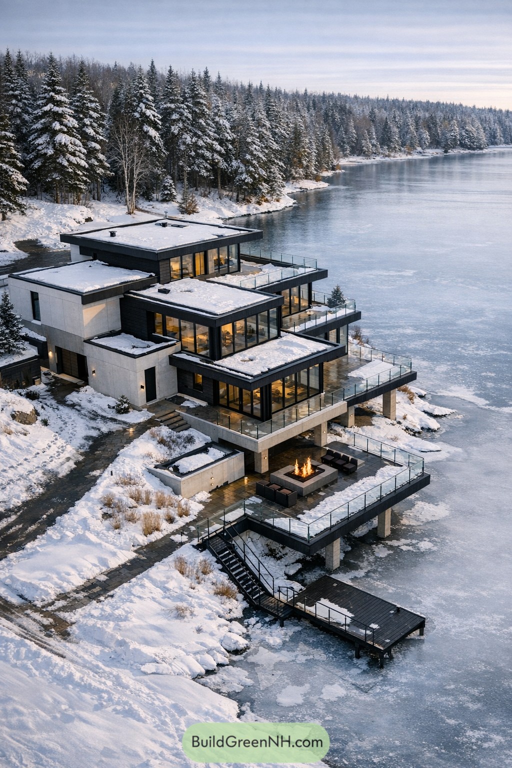 Tiered modern mansion on a snowy frozen lake