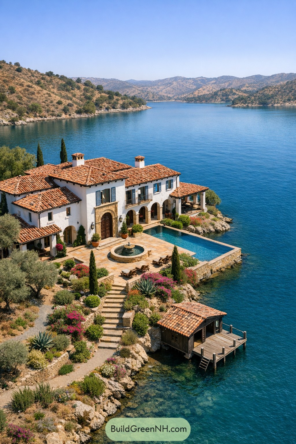 Mediterranean lakeside villa with pool and dock
