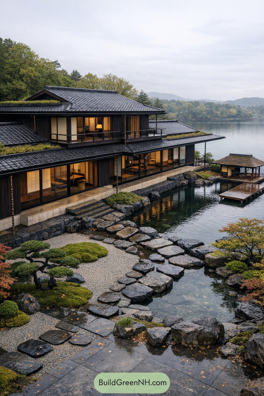 Japanese inspired mansion beside a lake