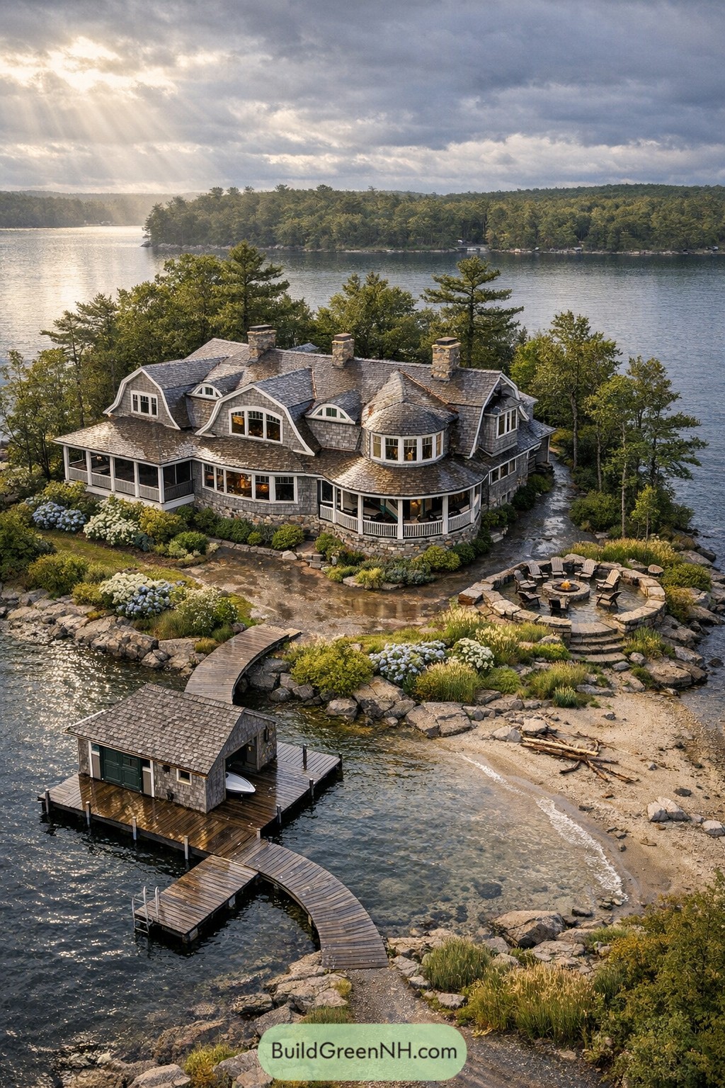 Shingle-style lake mansion with curved dock and boathouse
