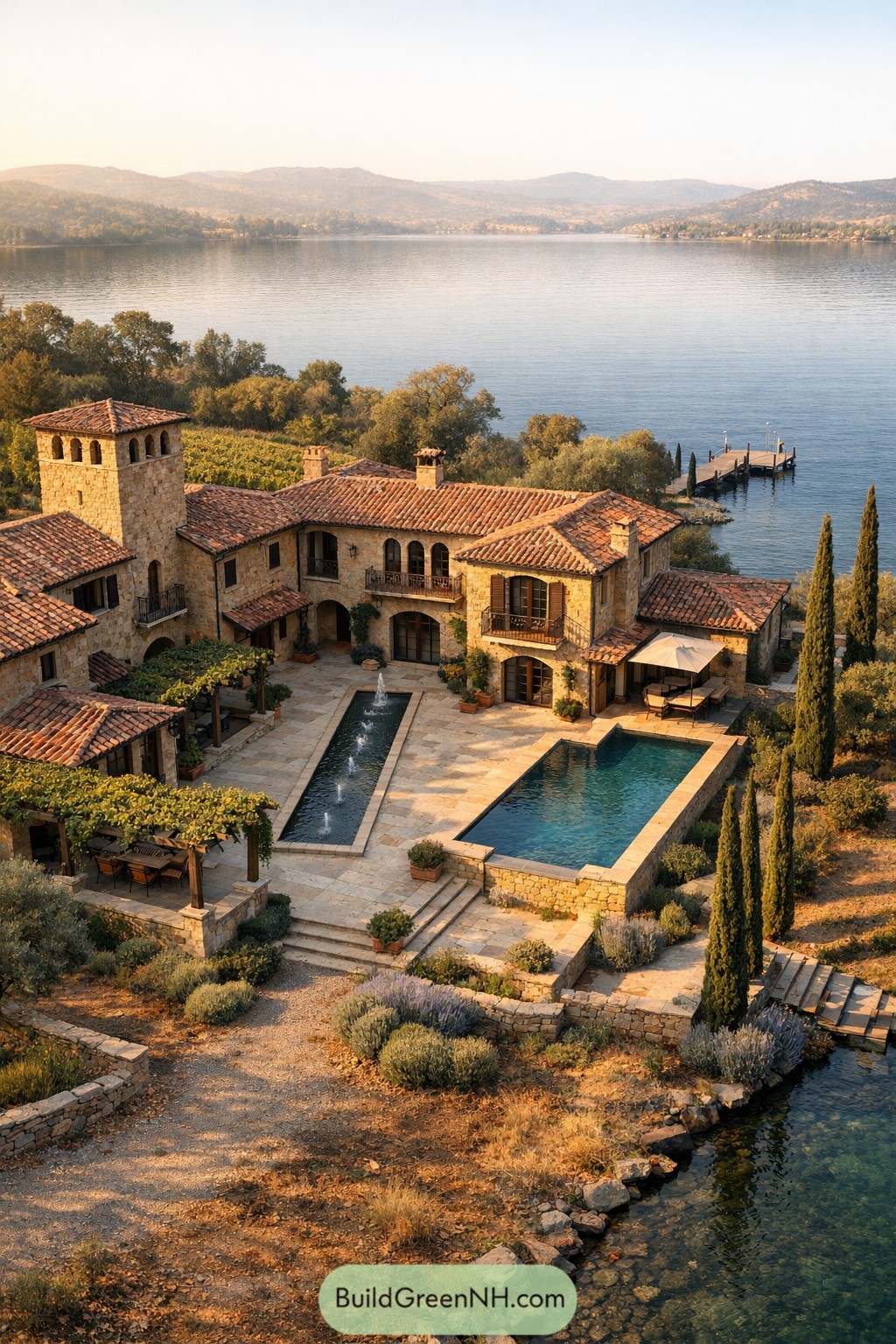 Stone lake villa with courtyard pool and cypress trees