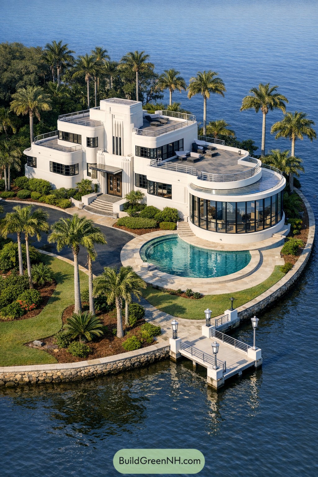 White Art Deco waterfront mansion with pool