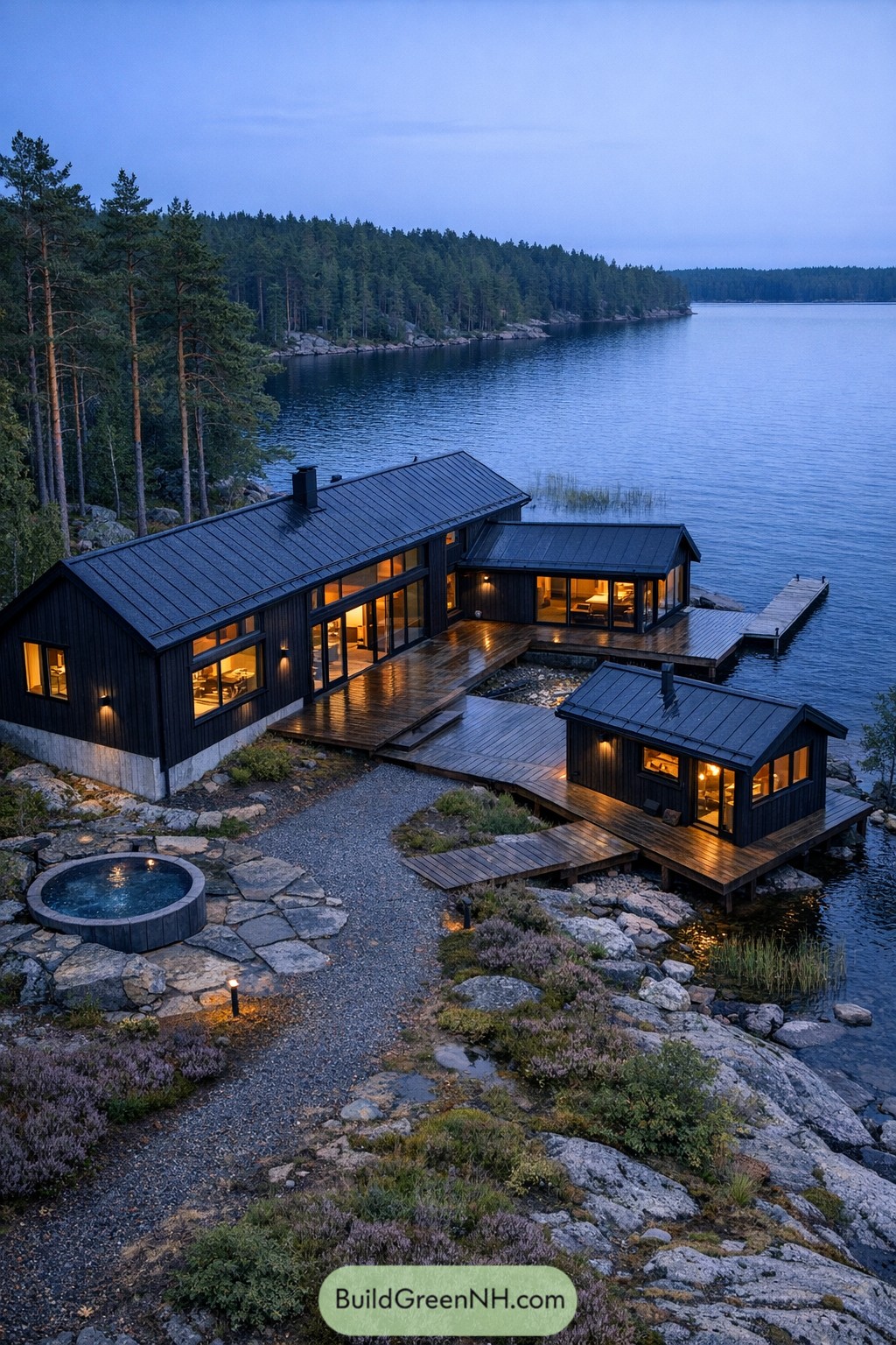 Black lakeside compound with decks and dock