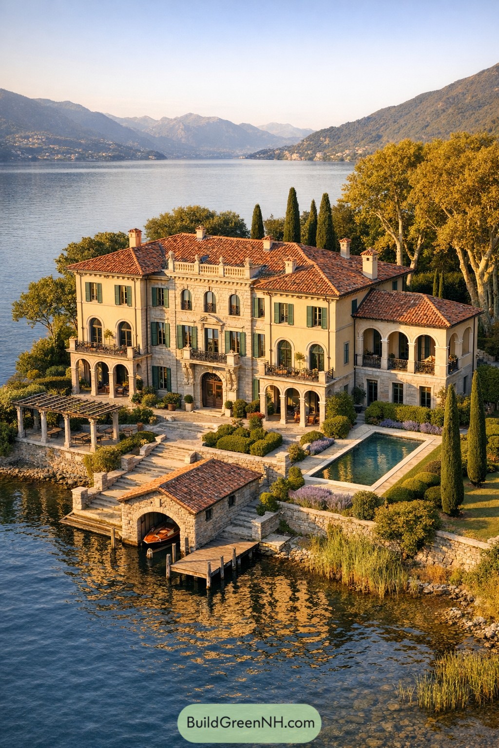 Italianate lakeside mansion with terracotta roof