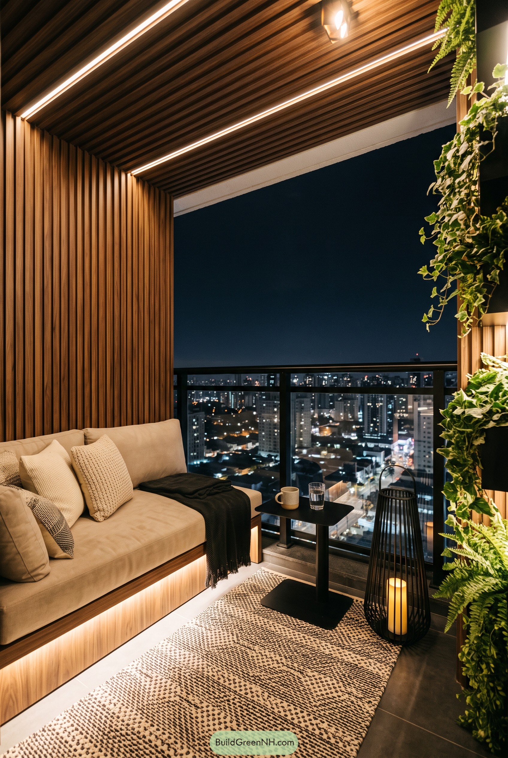 Wood clad balcony with plants and city view