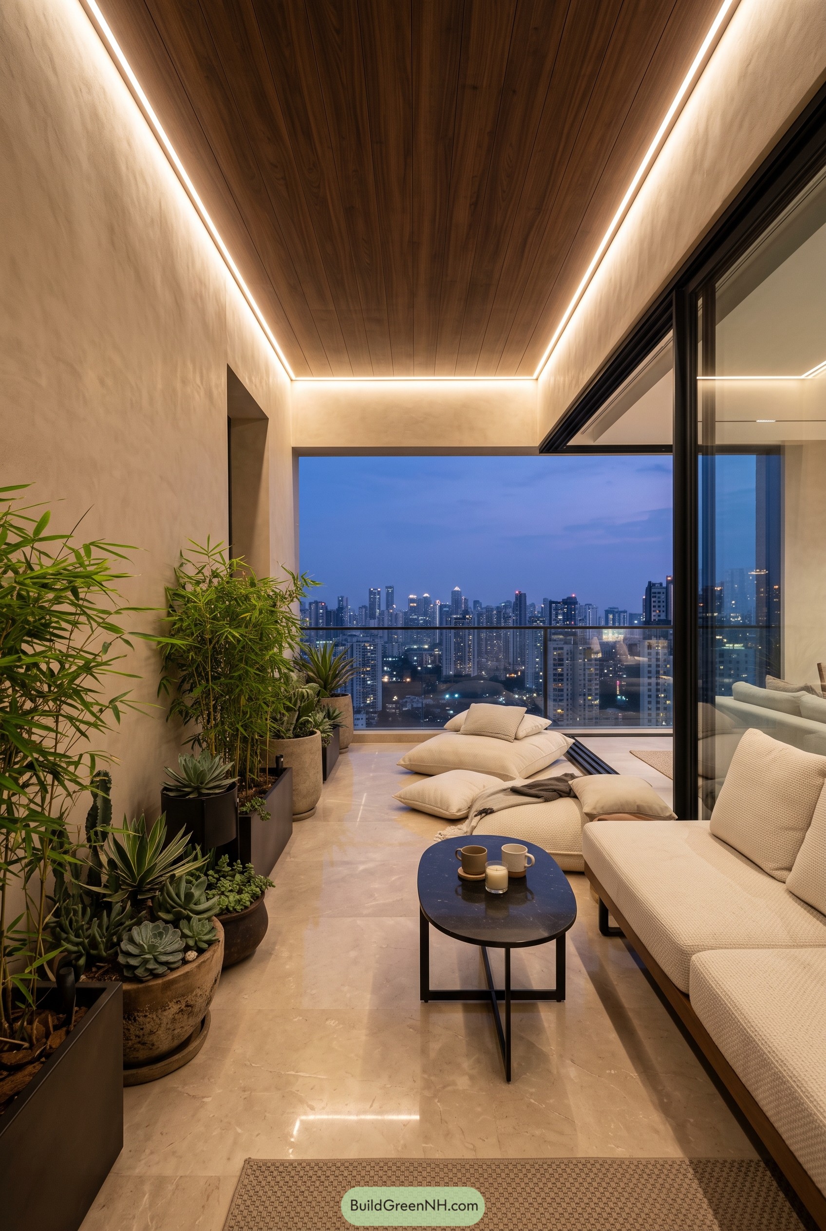 Luxury balcony with plants and skyline view