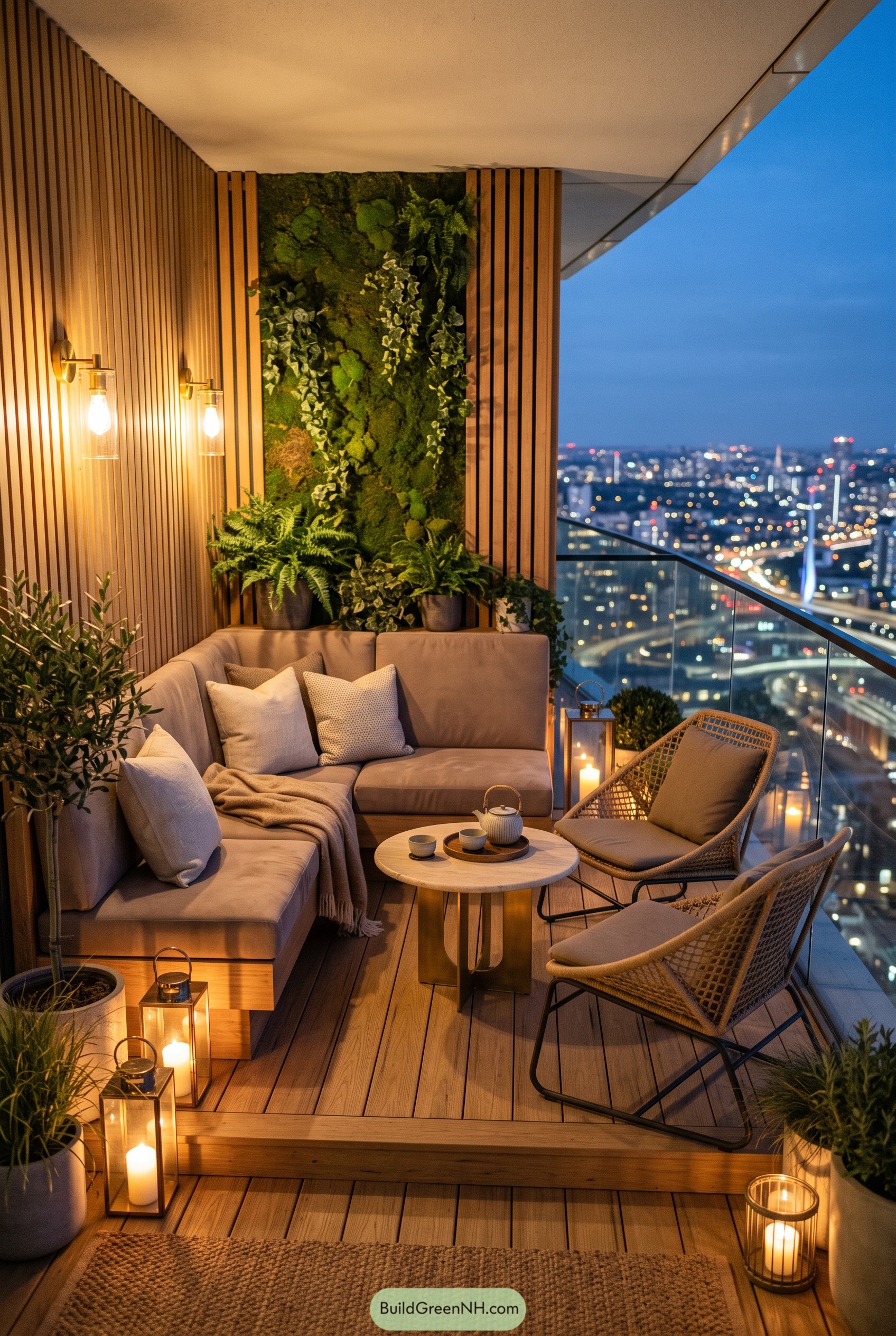 Cozy balcony with moss wall and city view