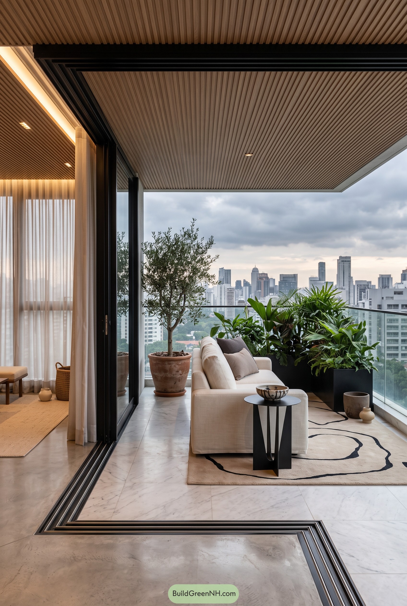 Covered balcony with plants and city views