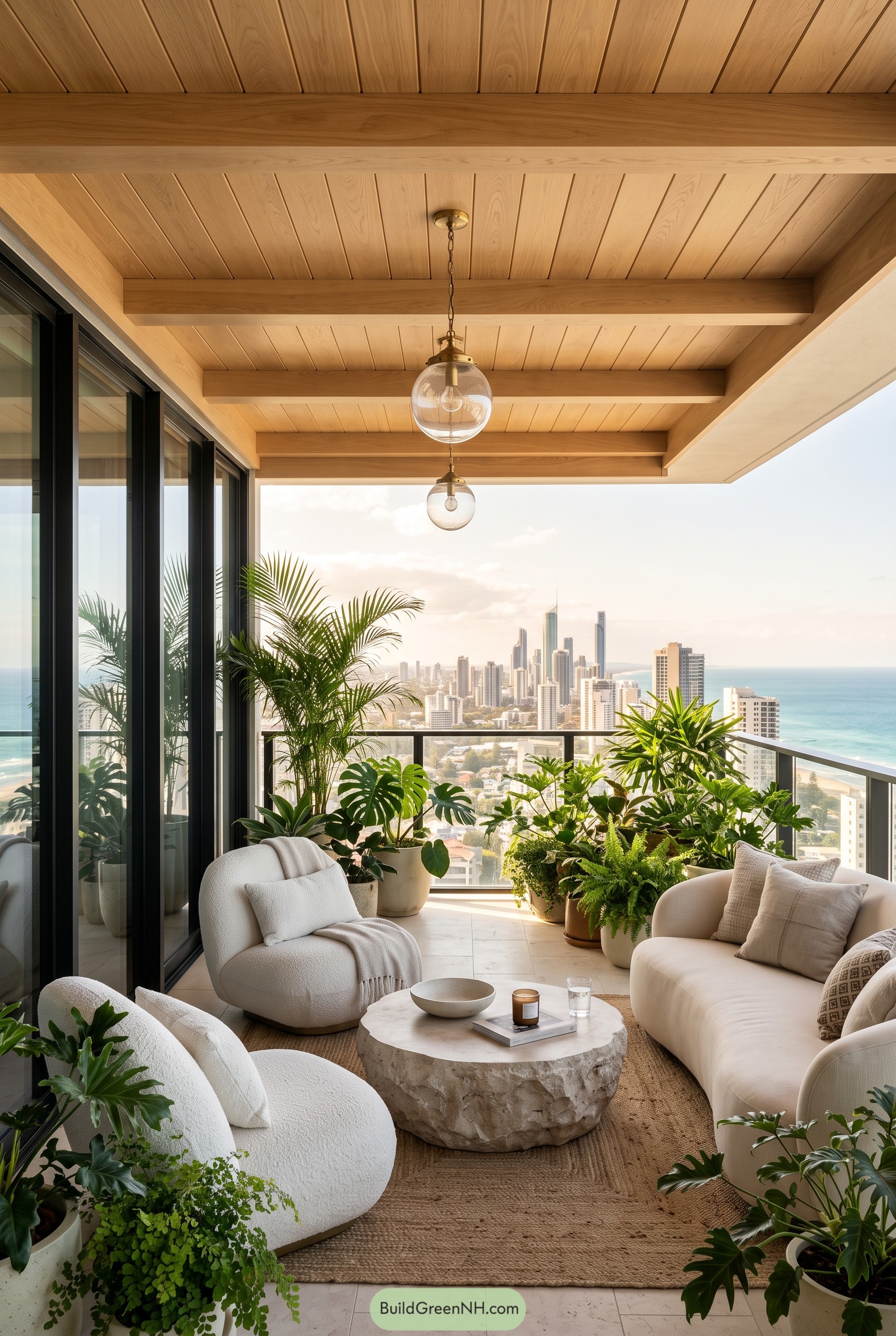 Plant filled luxury balcony with ocean skyline view