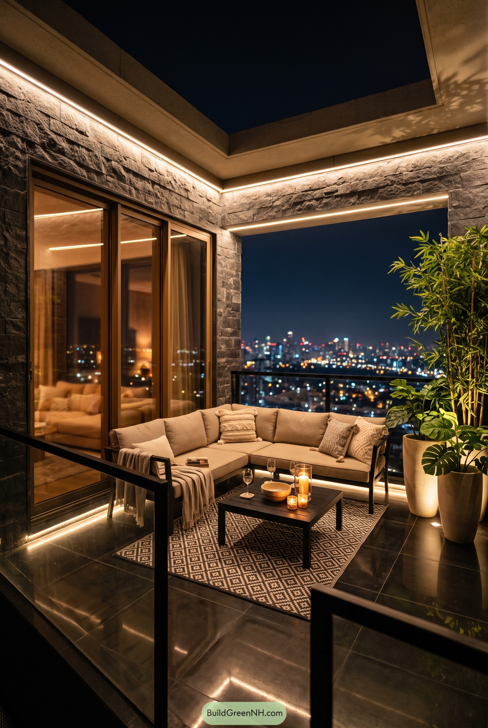 Luxury balcony with sectional seating and city view