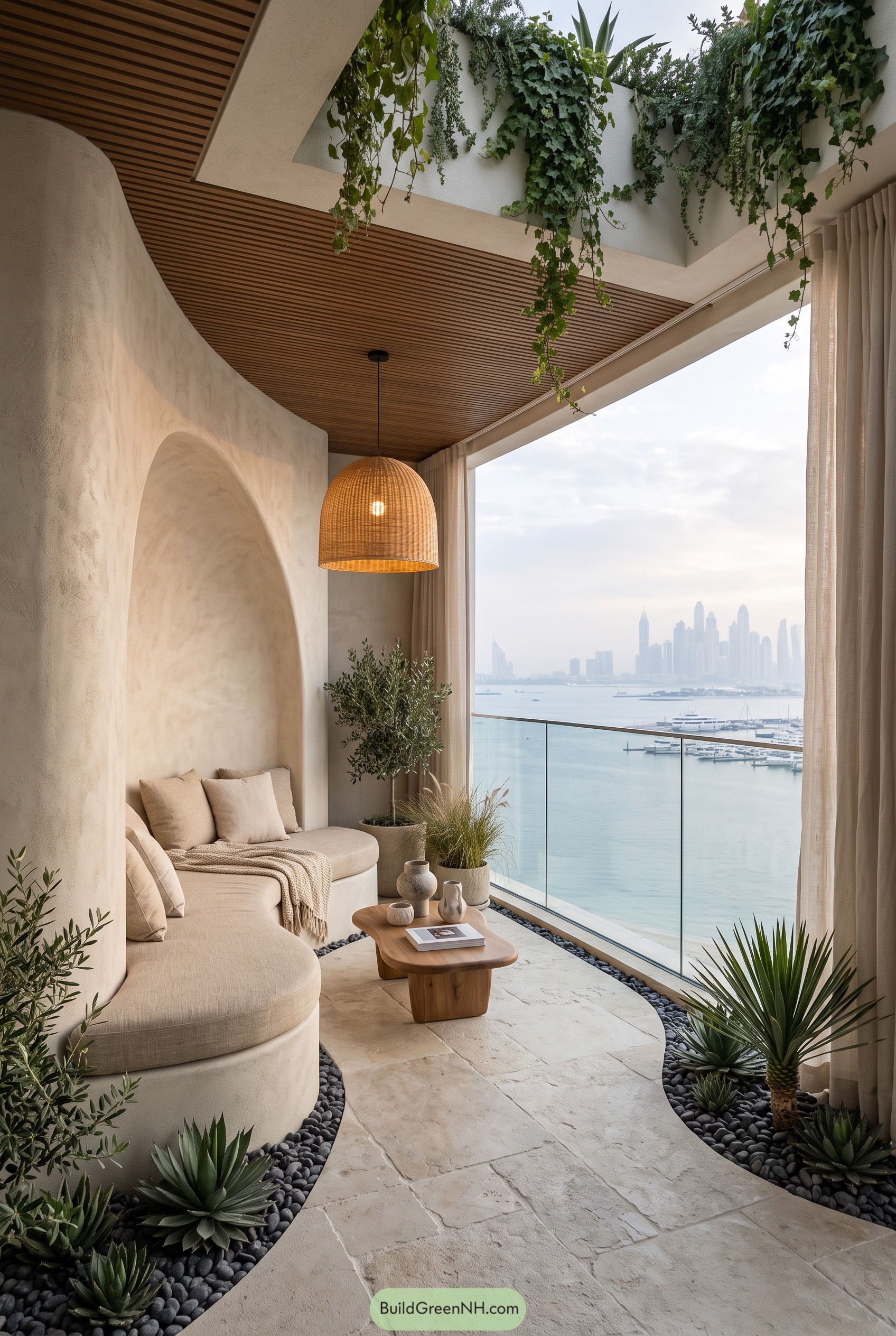 Luxury balcony with vines and sea view