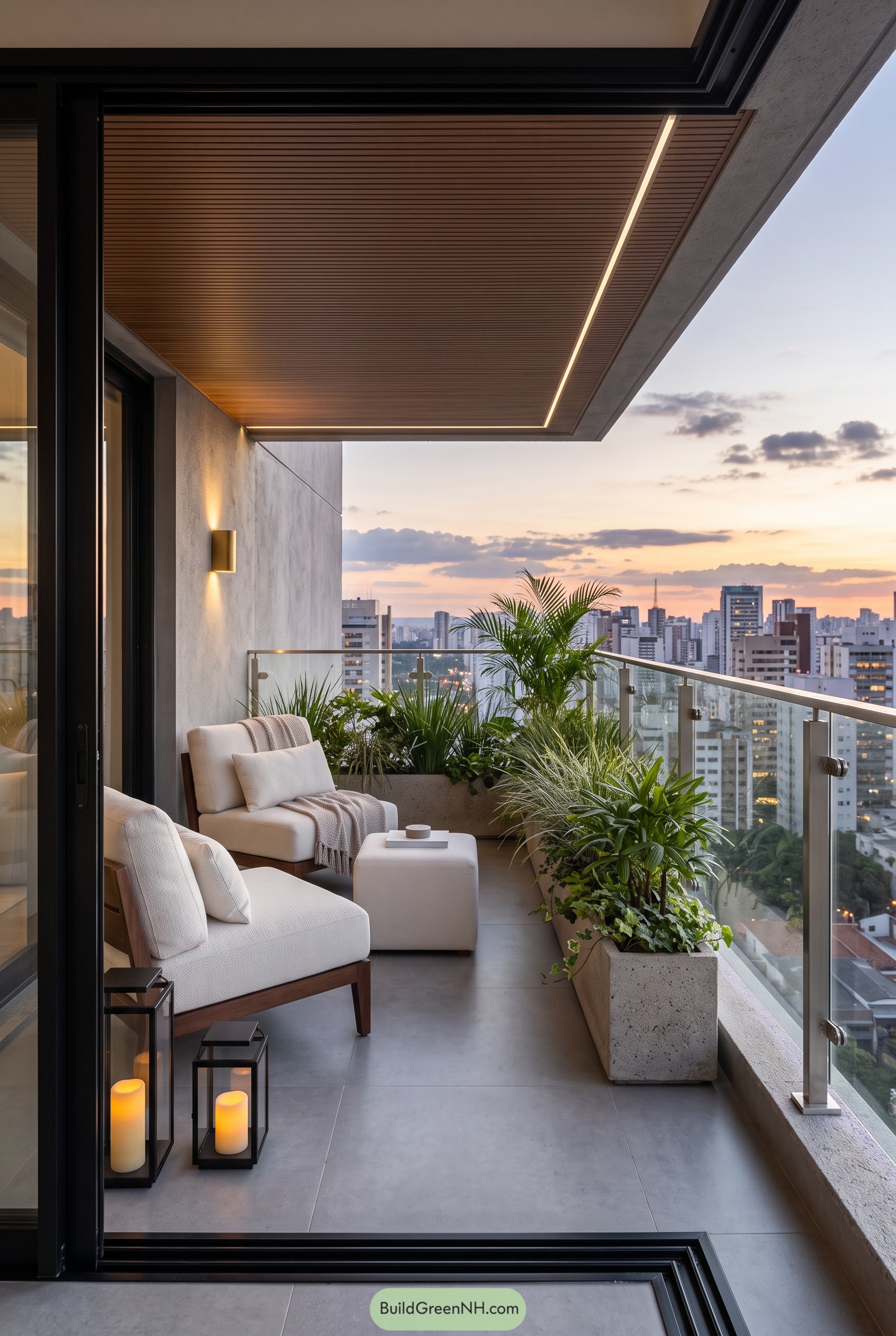 Modern planted balcony with city views