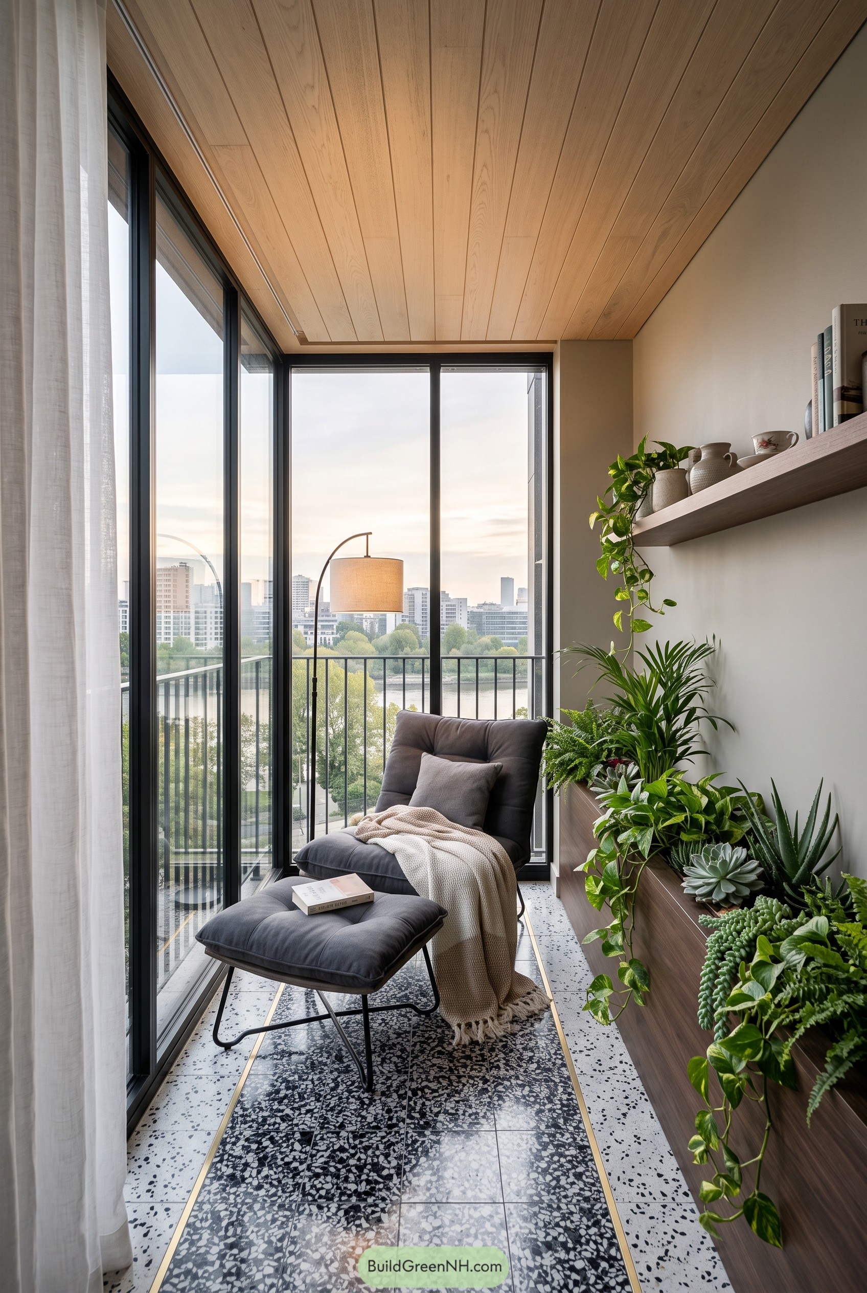 Enclosed balcony with plants and lounge chair