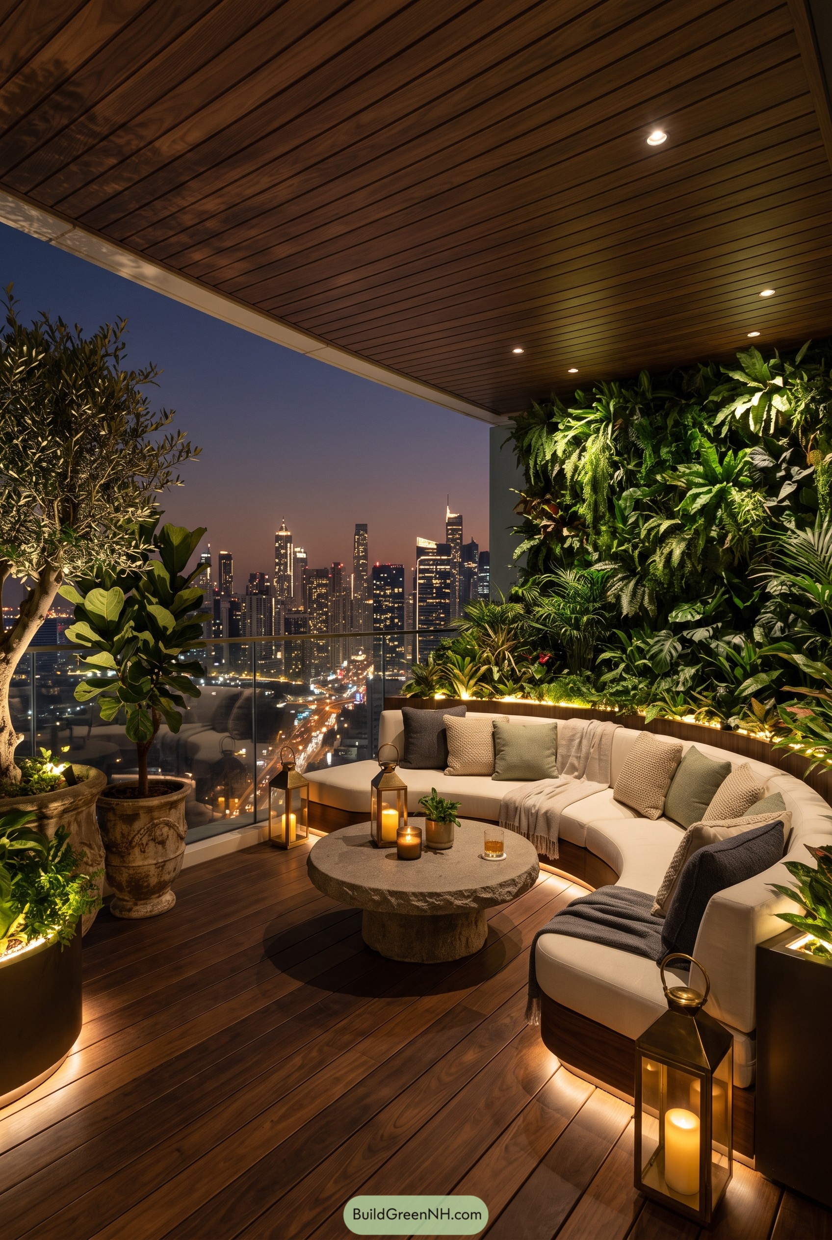 Luxury balcony with living wall and skyline view