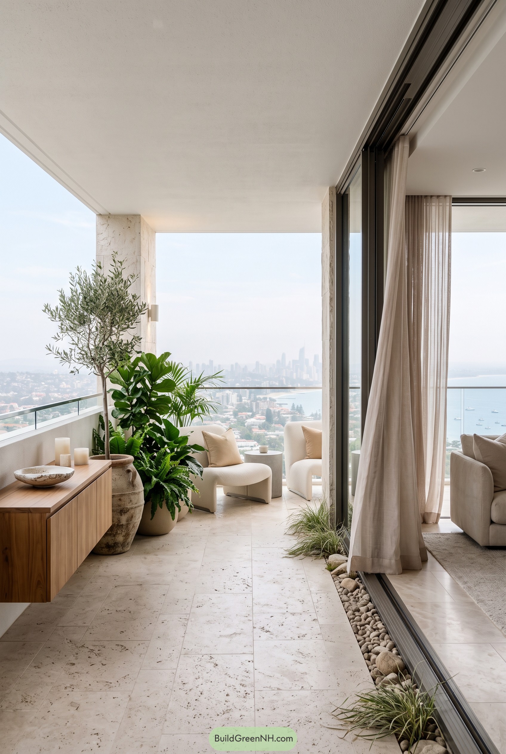 Plant filled balcony with city and bay views