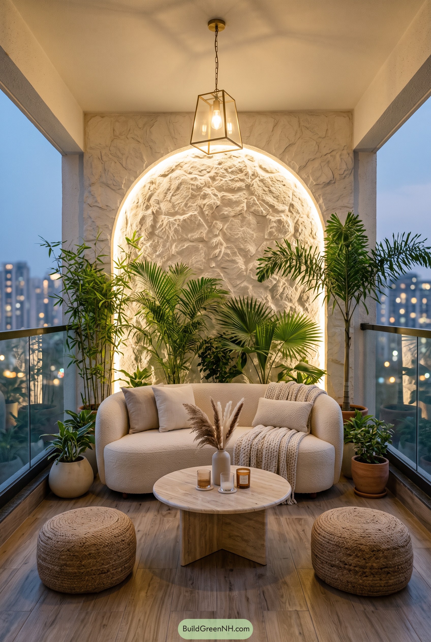 Cozy balcony with plants and arched wall