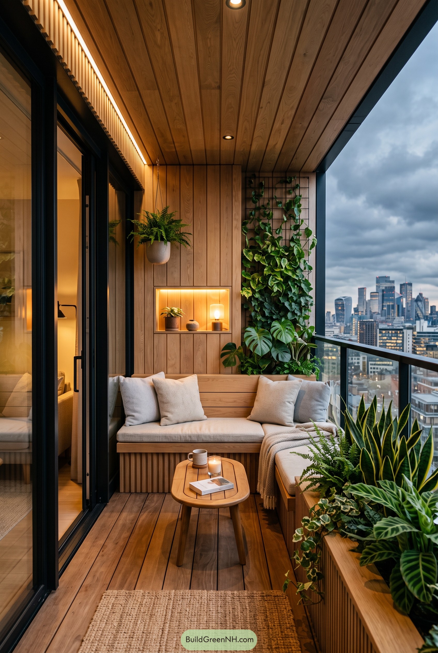 Wood balcony with lush planters and city view