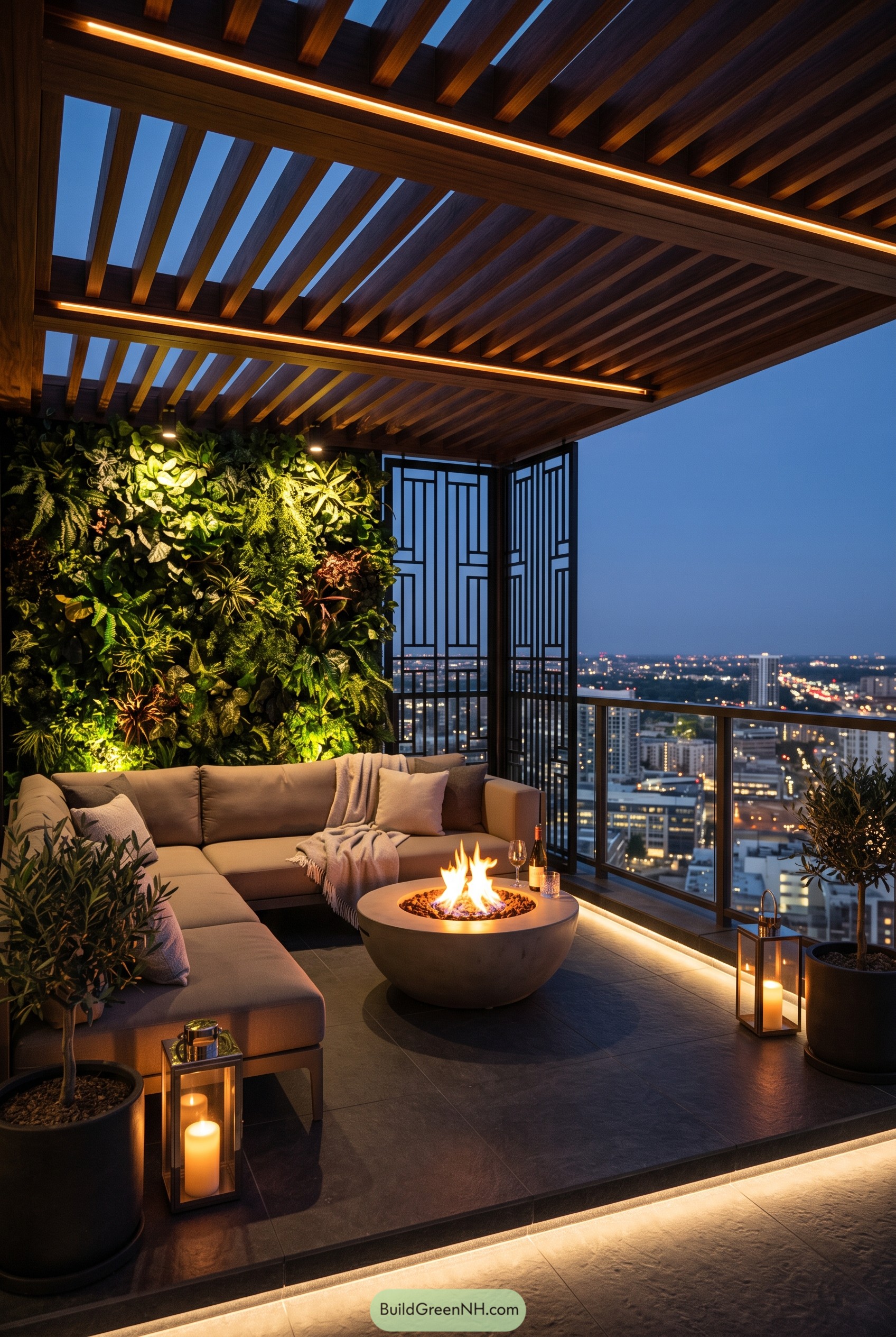 Luxury balcony with pergola living wall and fire pit