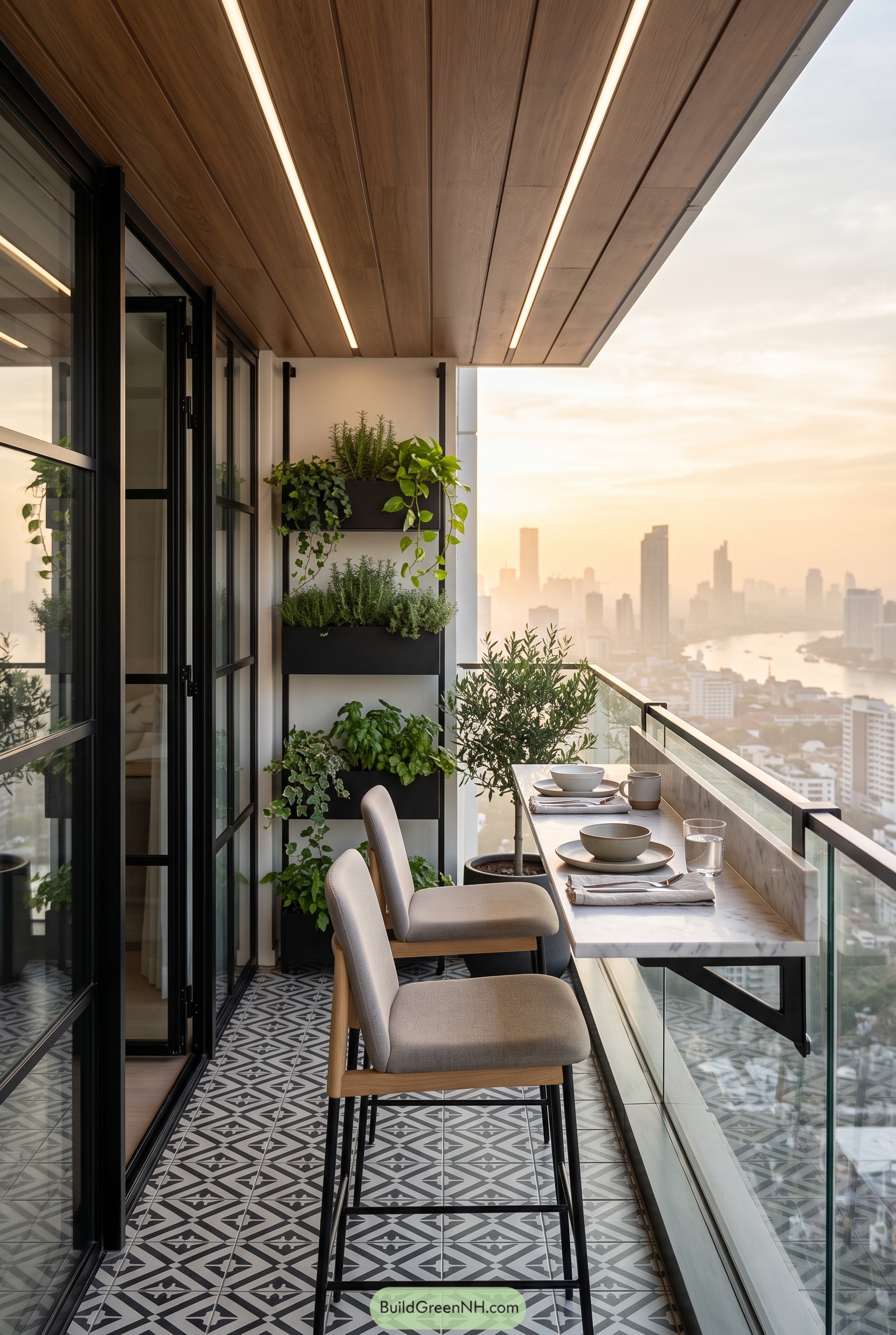Herb lined balcony with counter seating and skyline view