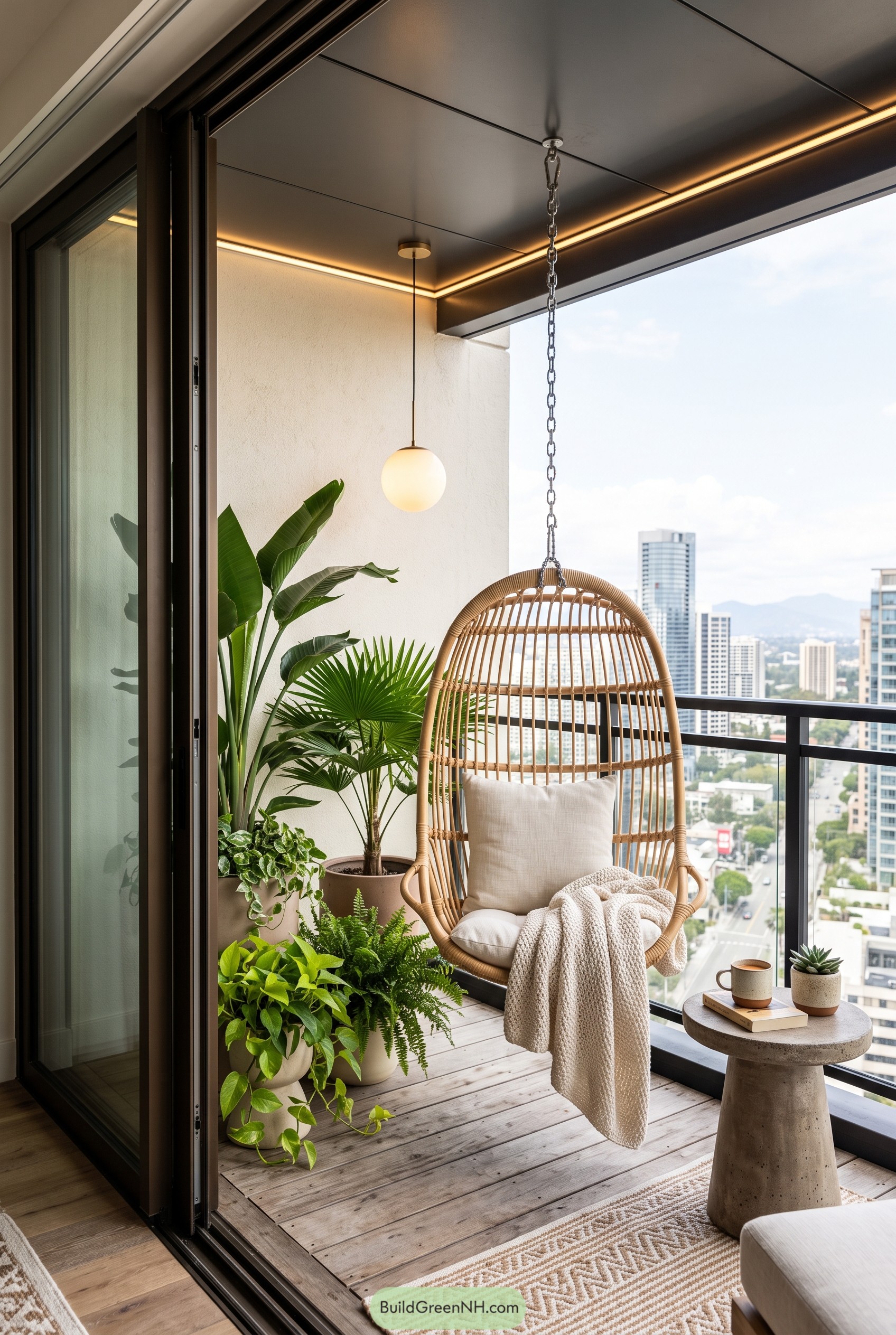 Balcony with rattan hanging chair and city view