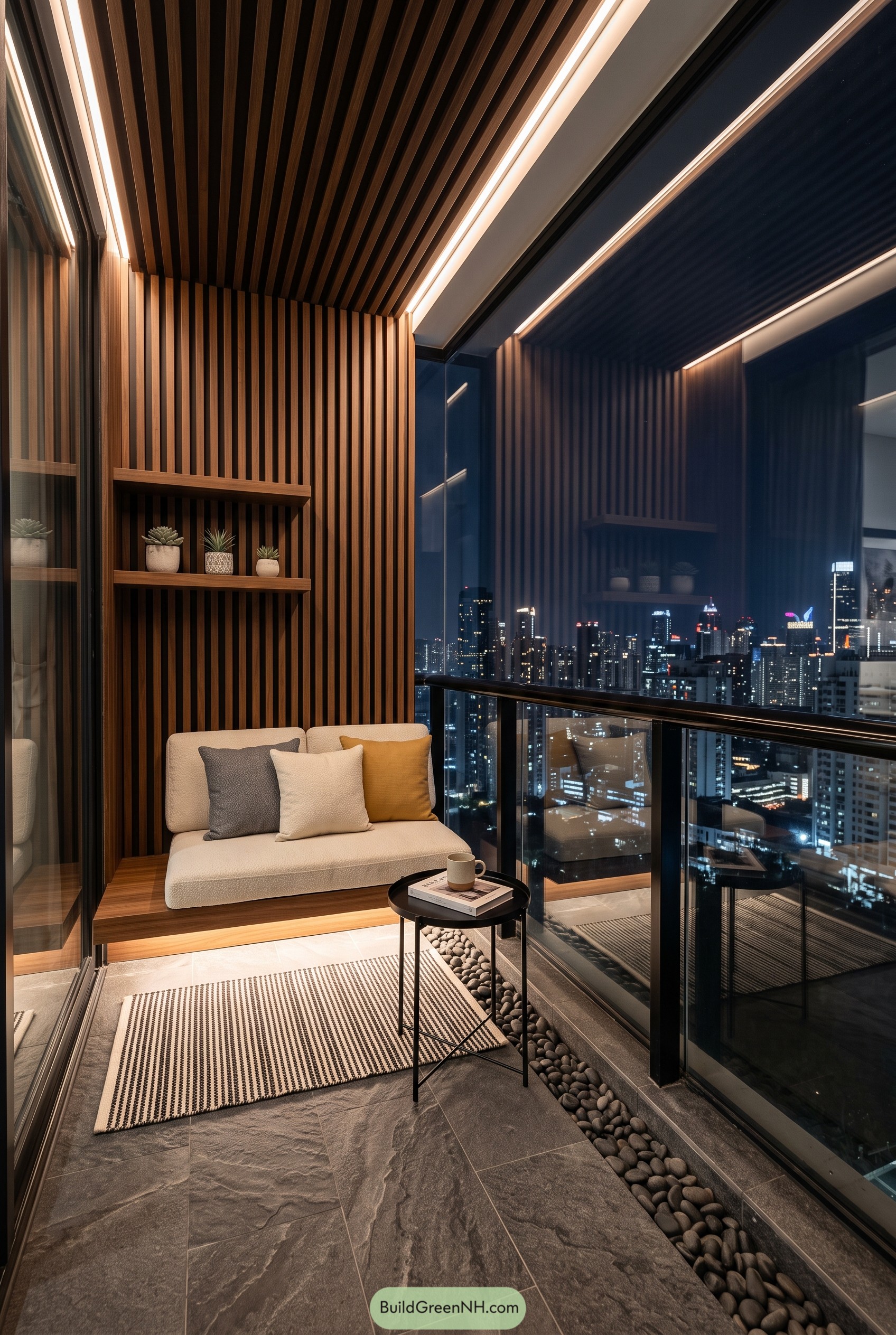 Wood slat balcony with city view