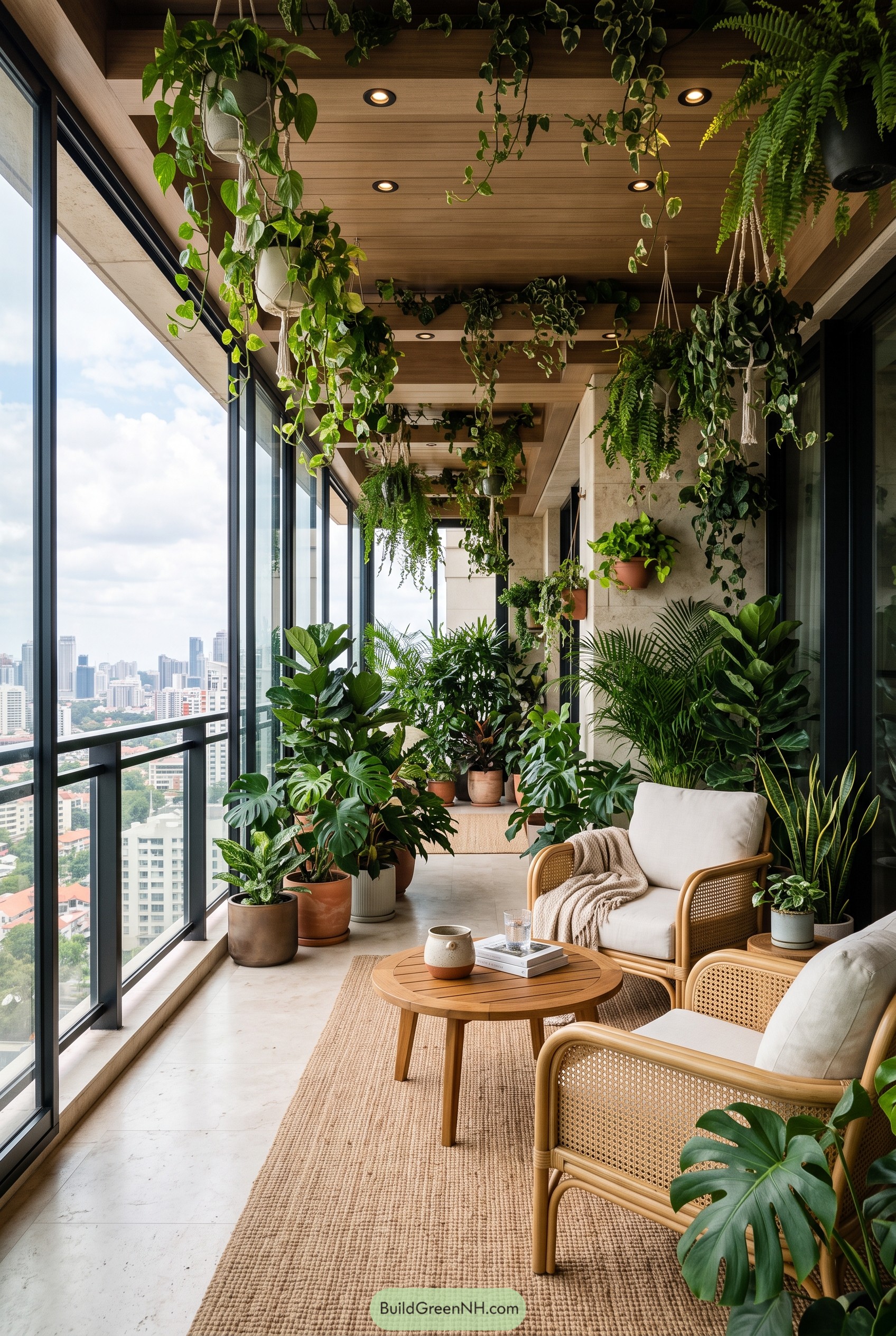 Lush balcony with rattan chairs and plants