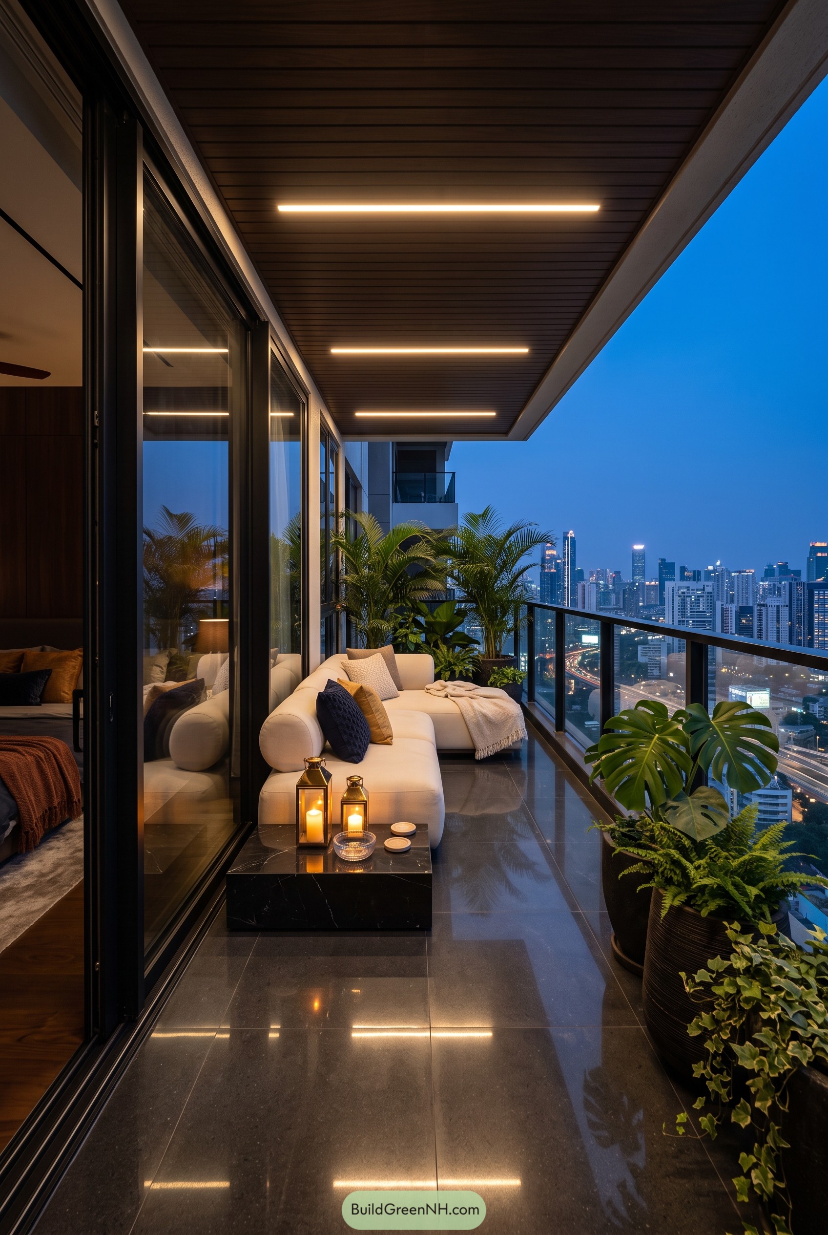 Luxury balcony with city views and plants
