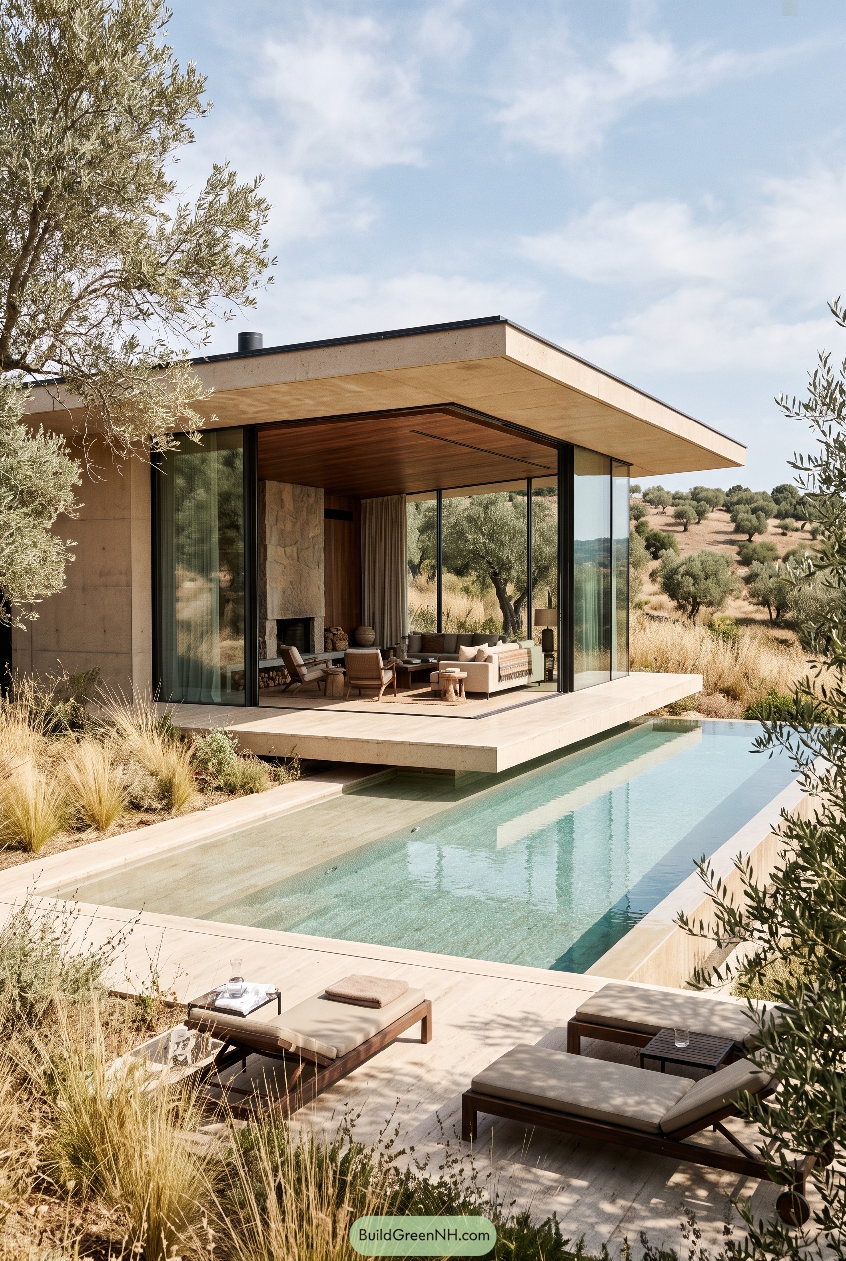 Modern pool pavilion in an olive grove