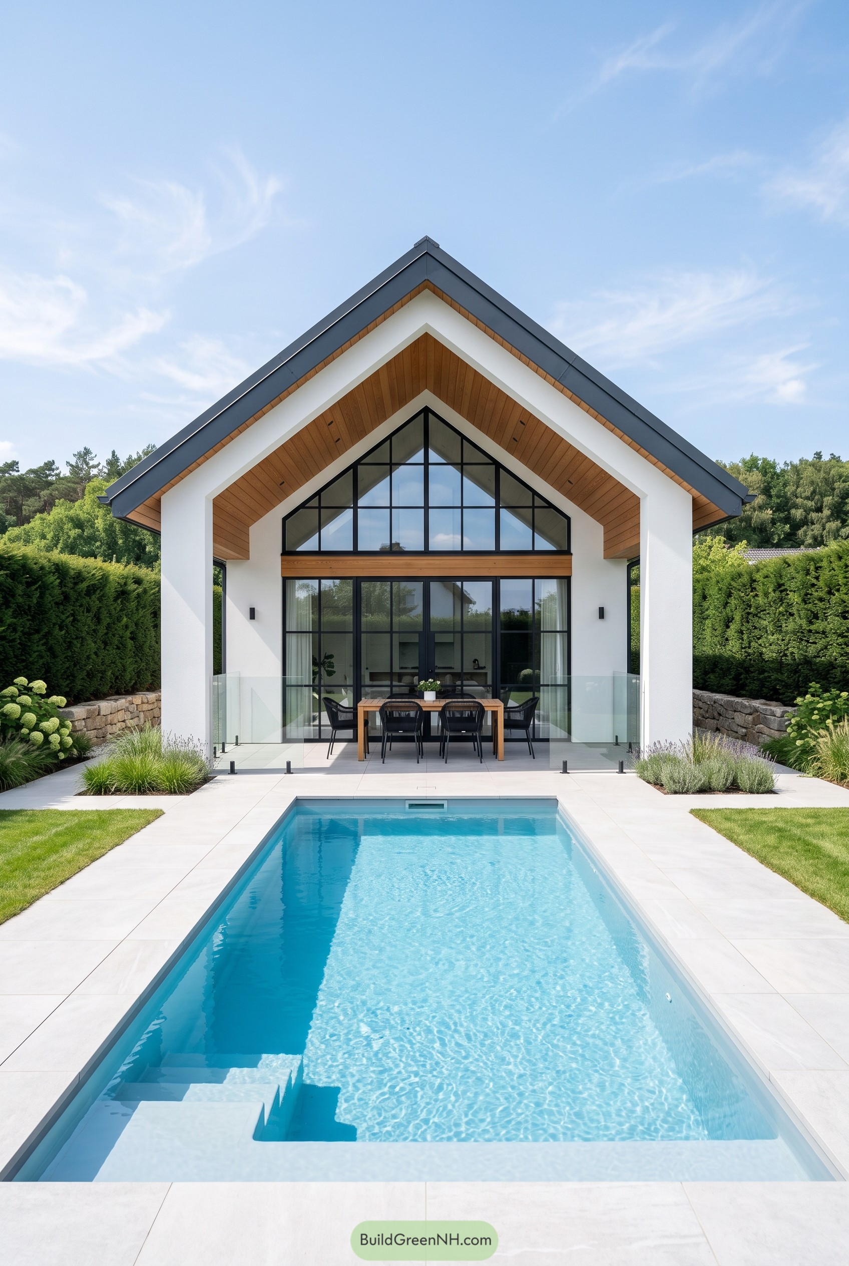Modern gabled cabin with pool and glass facade