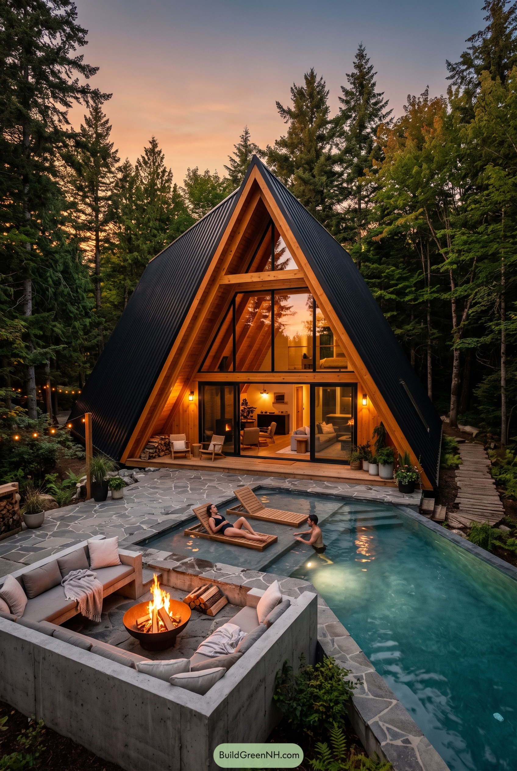 A-frame forest cabin with pool and fire pit