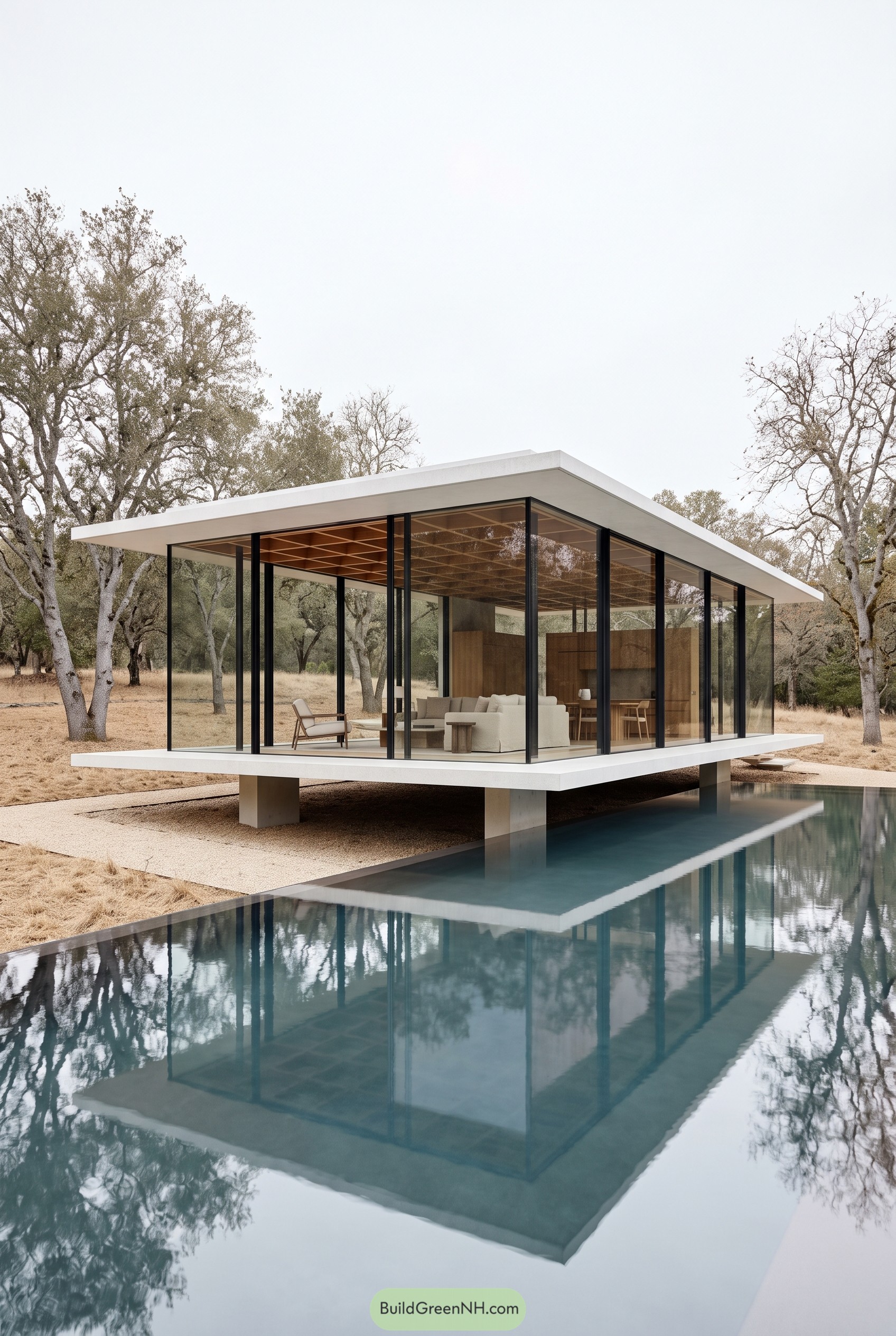 Glass cabin above a reflective pool