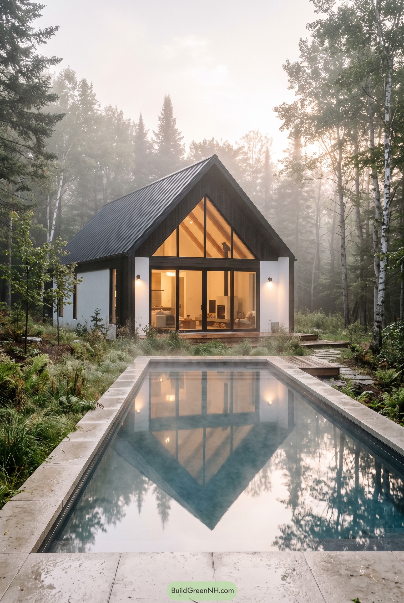 Modern gabled cabin with pool in misty forest