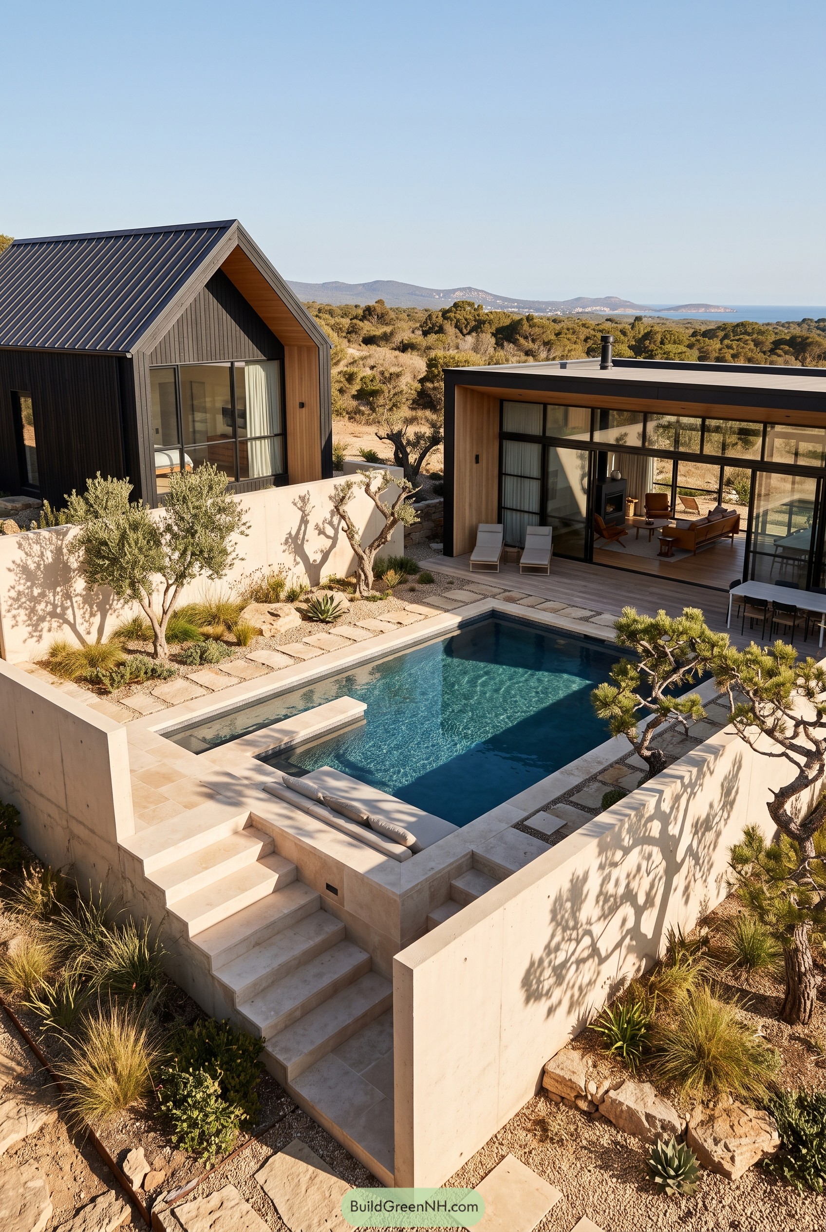 Modern cabin compound with courtyard pool and coastal views