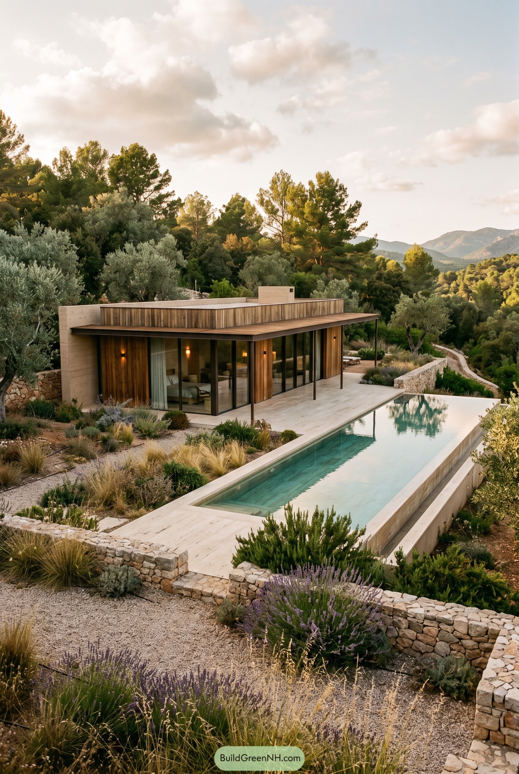 Modern wood cabin with pool in Mediterranean hills