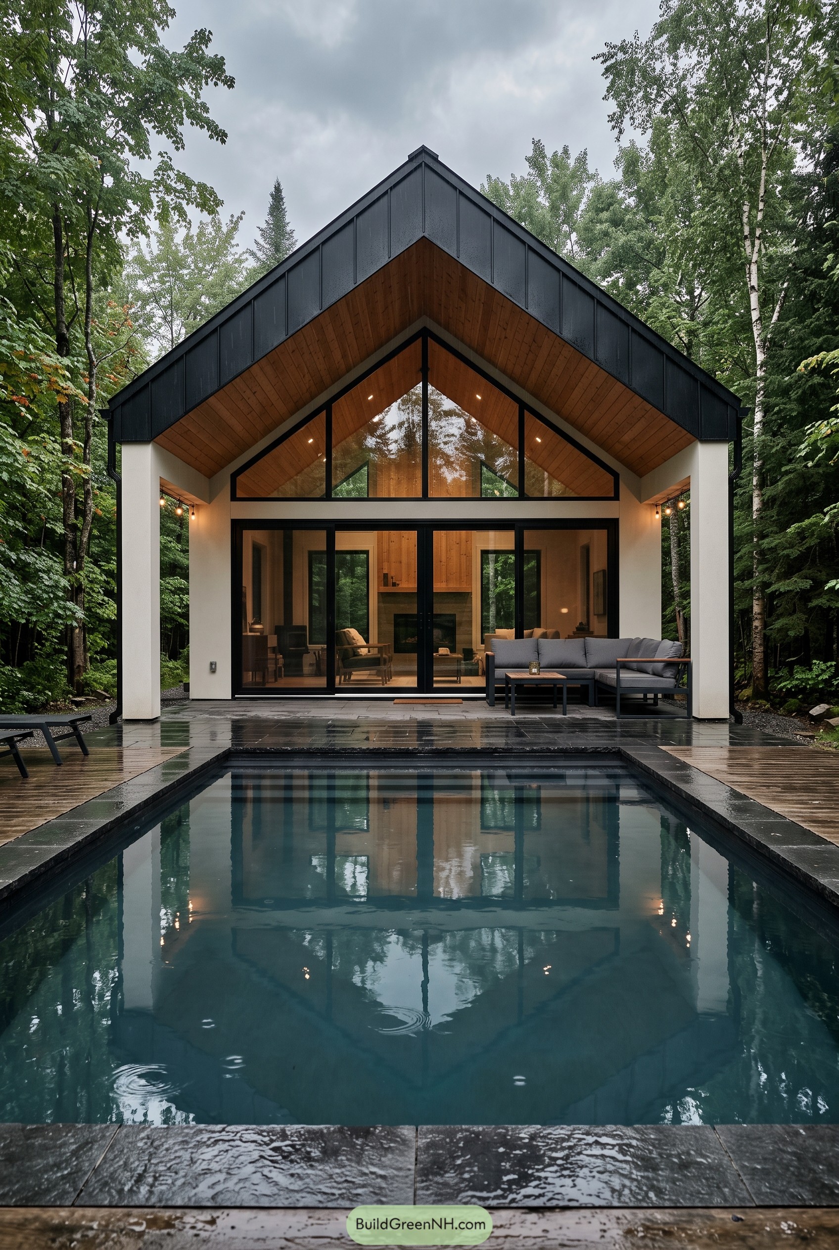 Gabled forest cabin with a pool in rain