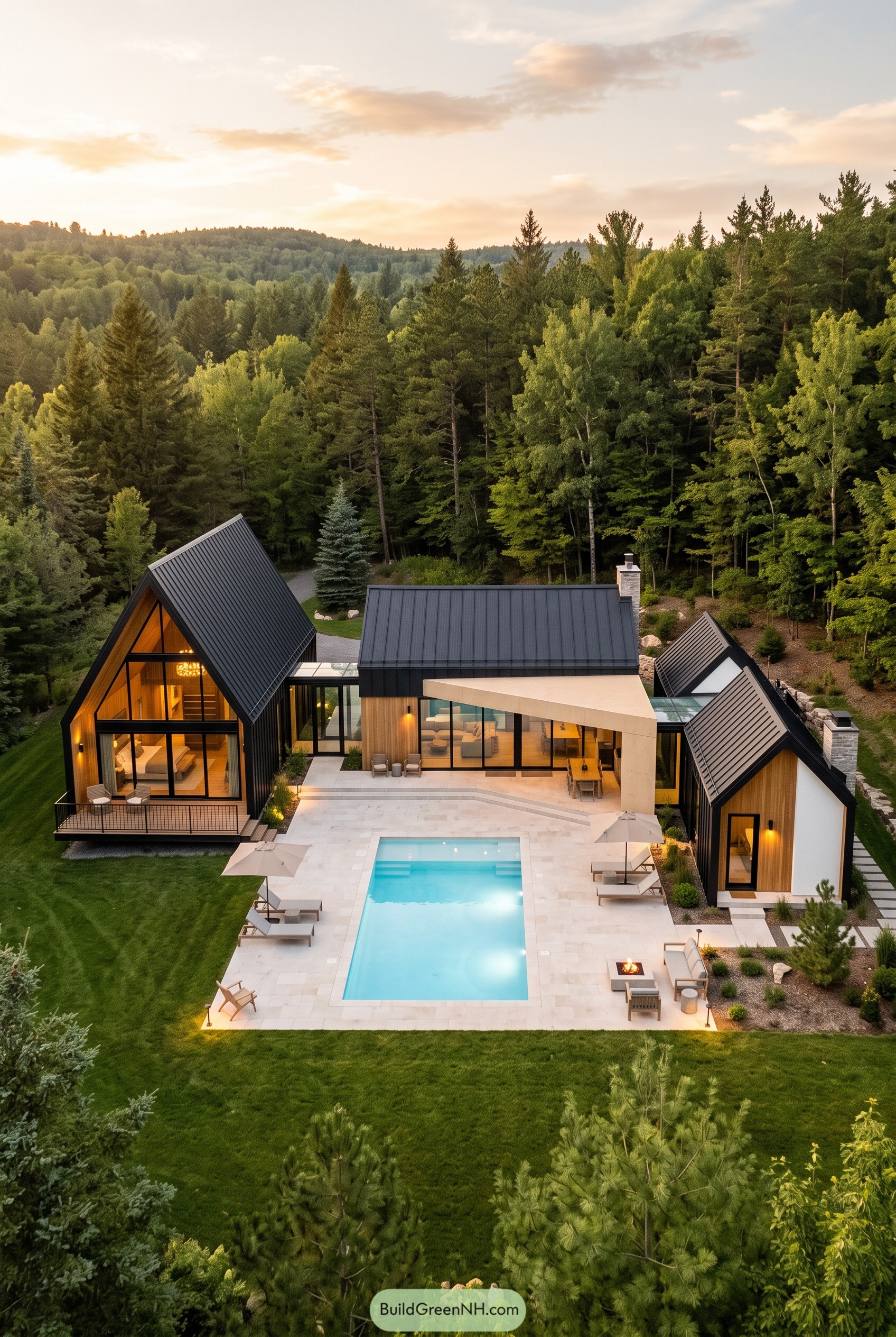 Modern forest cabin compound with pool