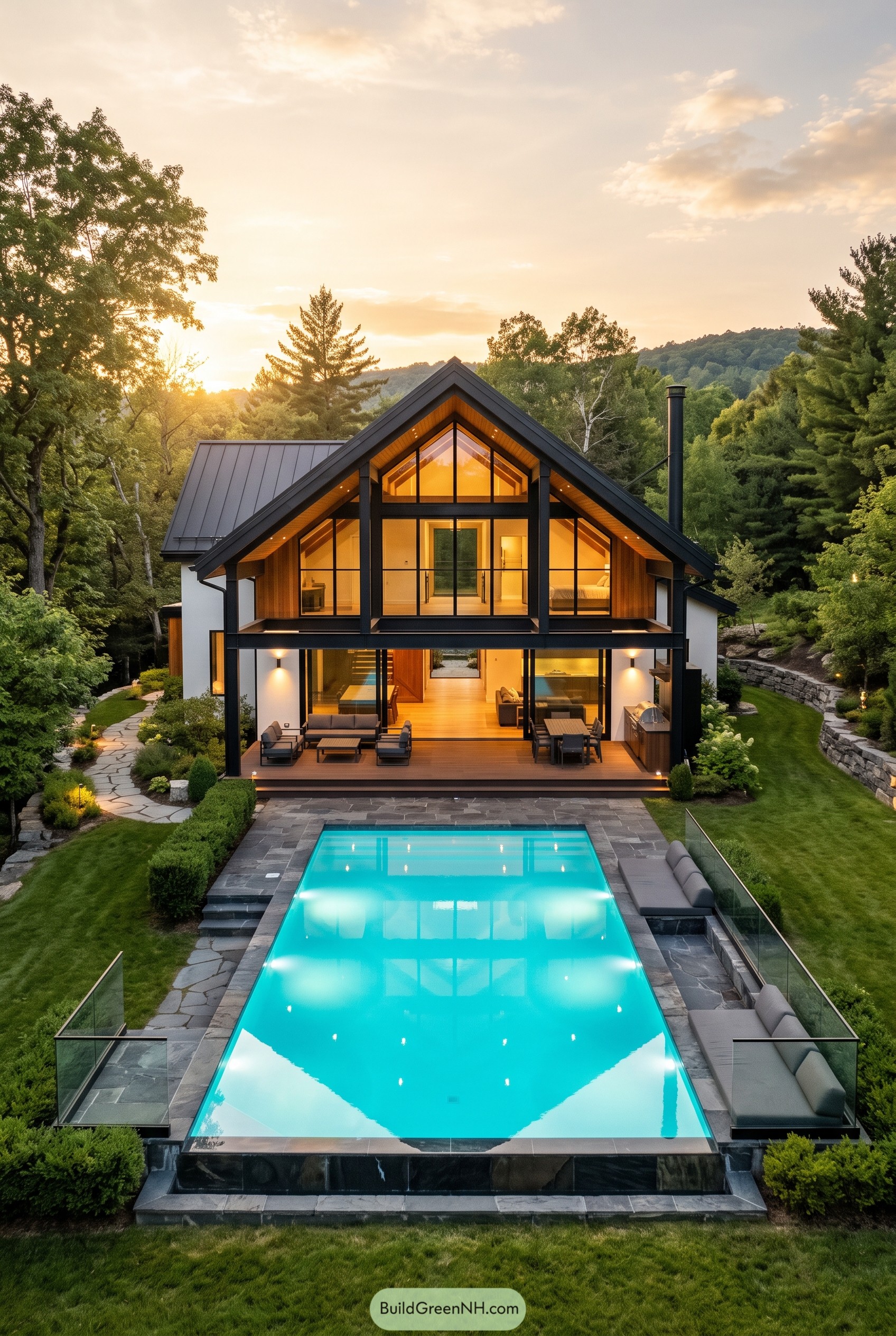 Modern gabled cabin with pool at sunset