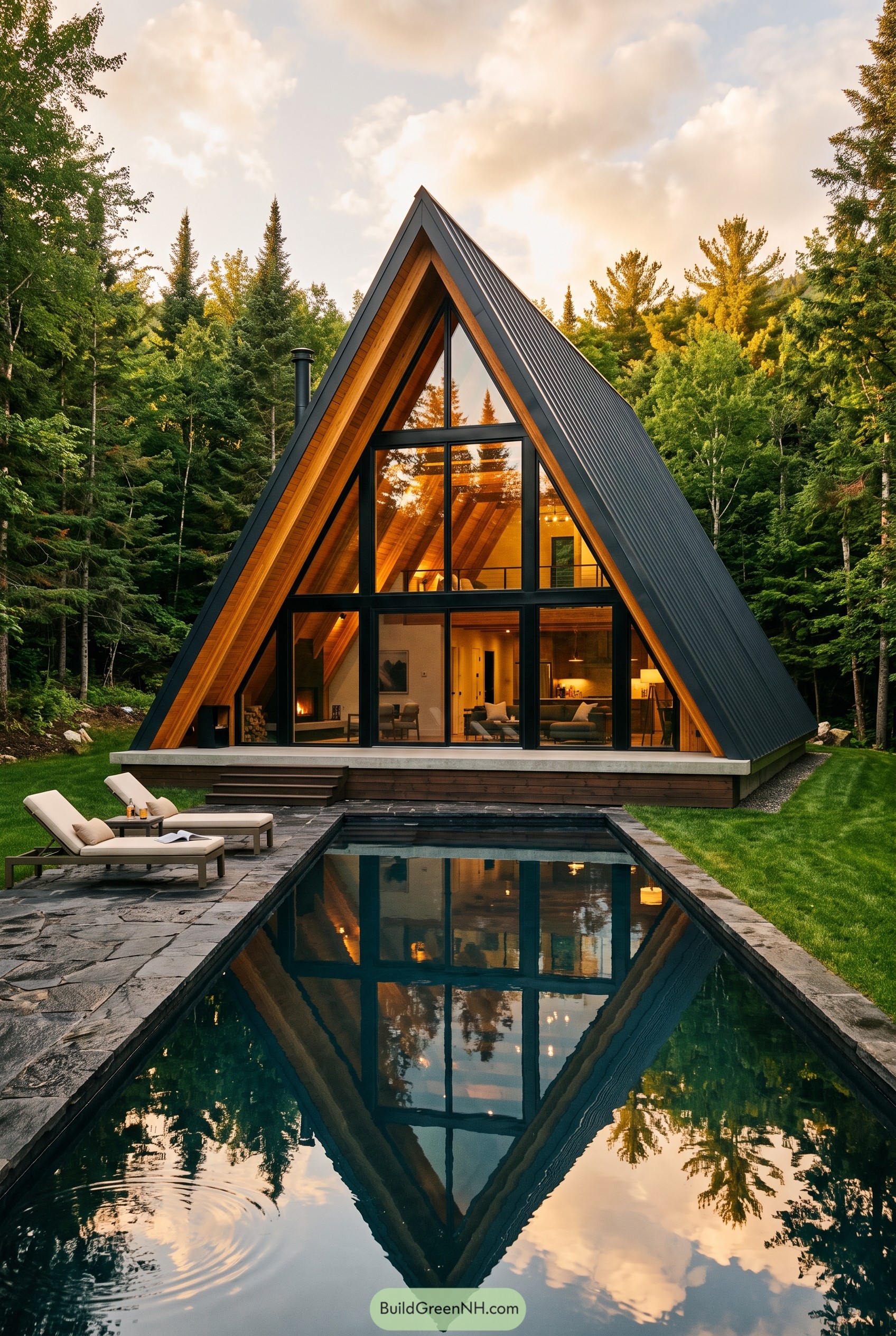 A-frame forest cabin with reflecting pool