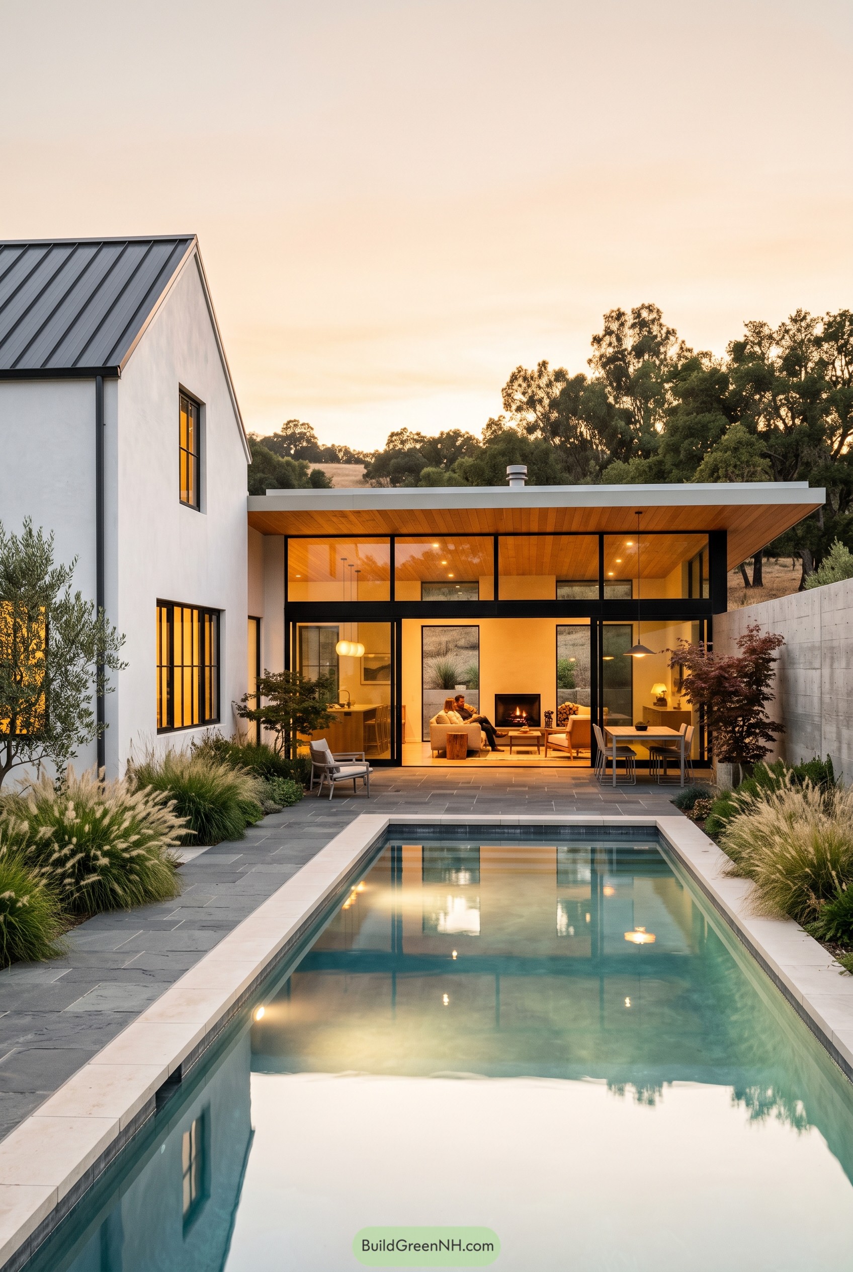 Modern pool courtyard beside a glass living room