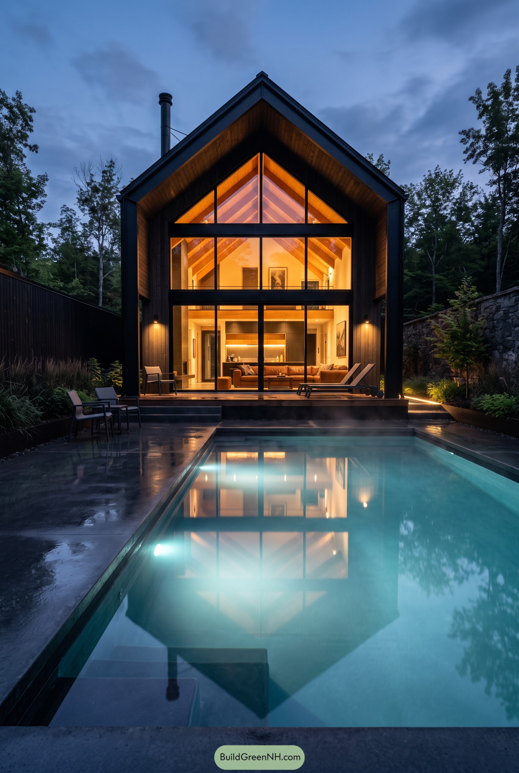 Glowing gabled cabin beside a pool